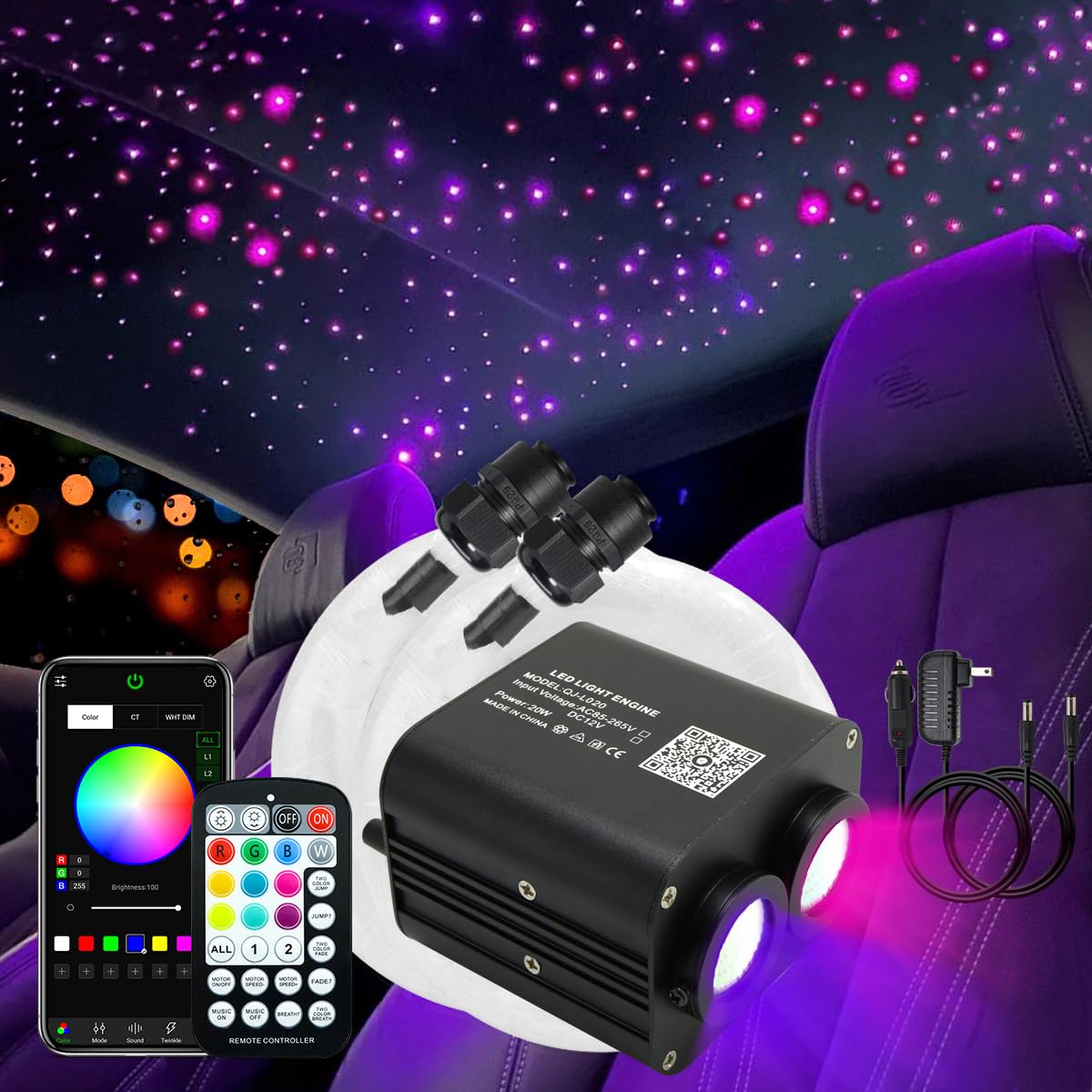 AKEPO Fiber Optic Star Ceiling Light Kit, 20W RGBW Dual-Head, 830pcs, 13.1ft, Aluminum, Model QJ-L020, Blue/Green/