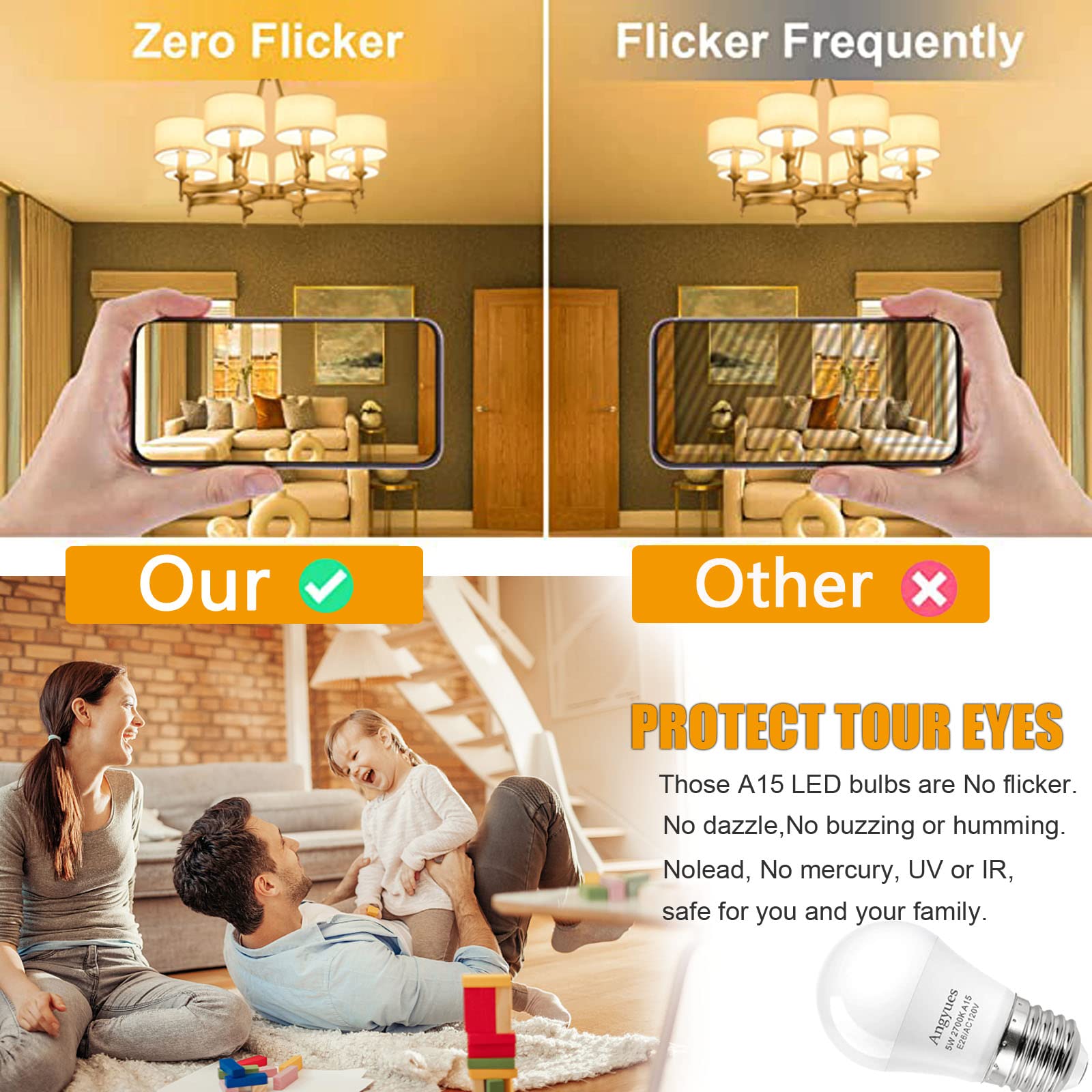 Angyues Led Bulb 120V 40W Equivalent Light Bulb, A15 Led Bulb Warm White 2700K Energy Saving Bulb, E26 Medium Screw Base Suitabl