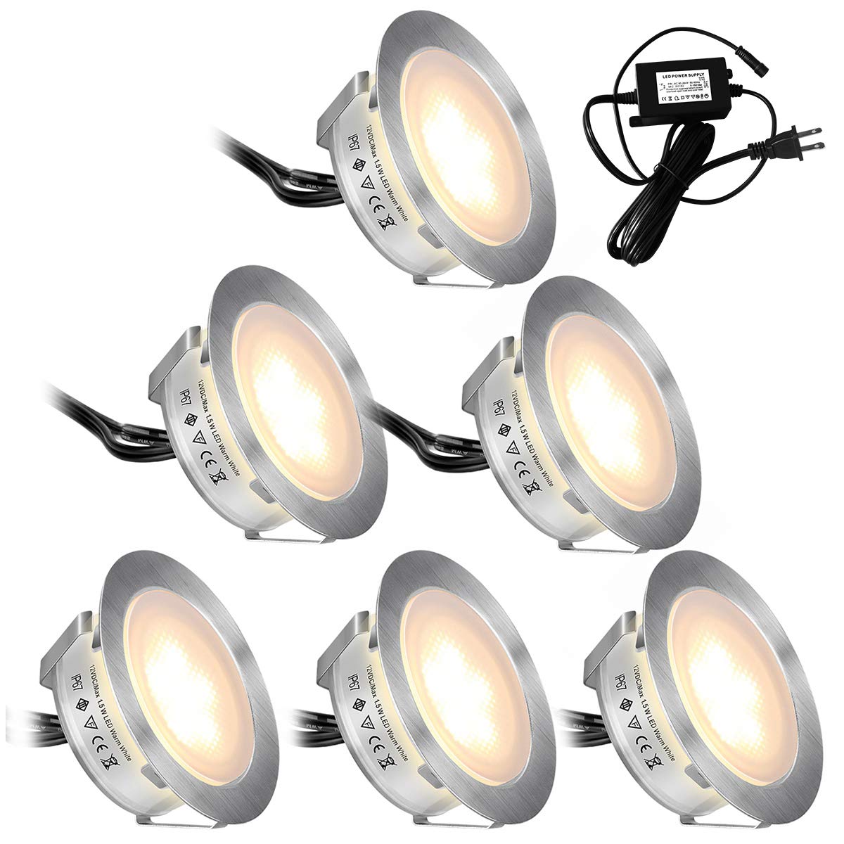 SMY Lighting Recessed LED Deck Lights, Warm White, 6 Pack, IP67 Waterproof, 304 Stainless Steel, Model D-6WW