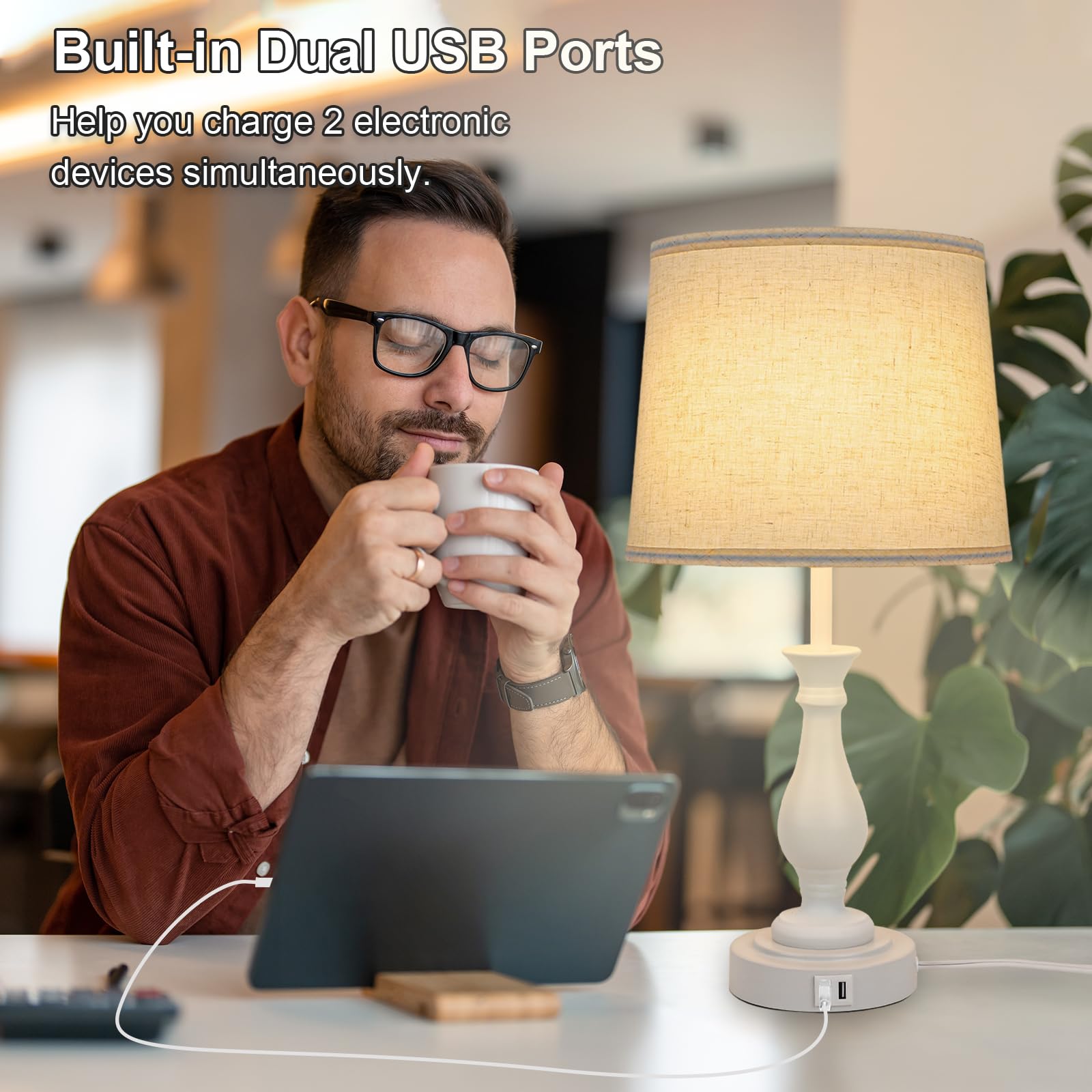 LALISU Farmhouse Table Lamp Touch Control 3-Way Dimmable with USB Ports, Fabric Shade, Off White, Pack 1