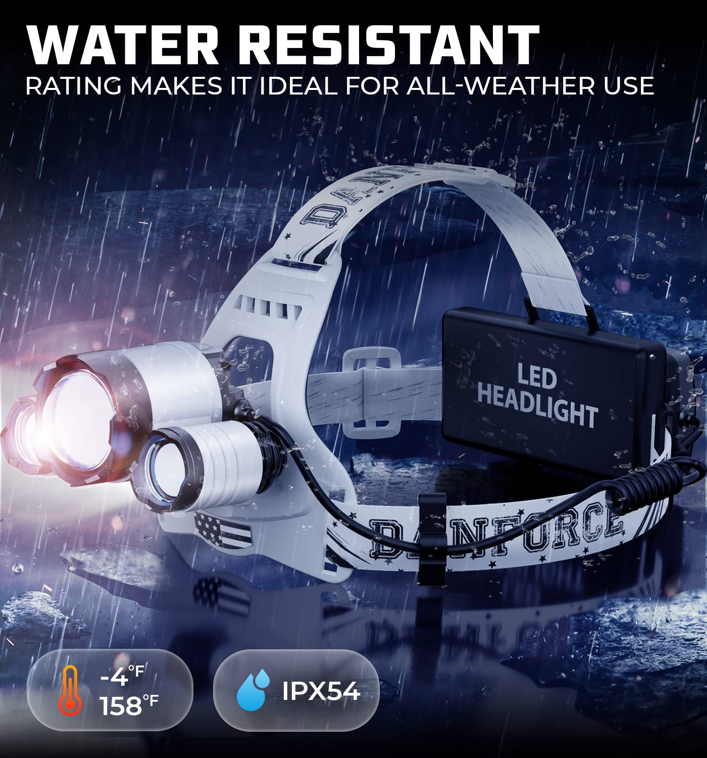 DanForce Headlamp - USB Rechargeable 1080 Lumen LED Flashlight, Zoomable, IPX45, Red Light, Rubber, Color: Moon