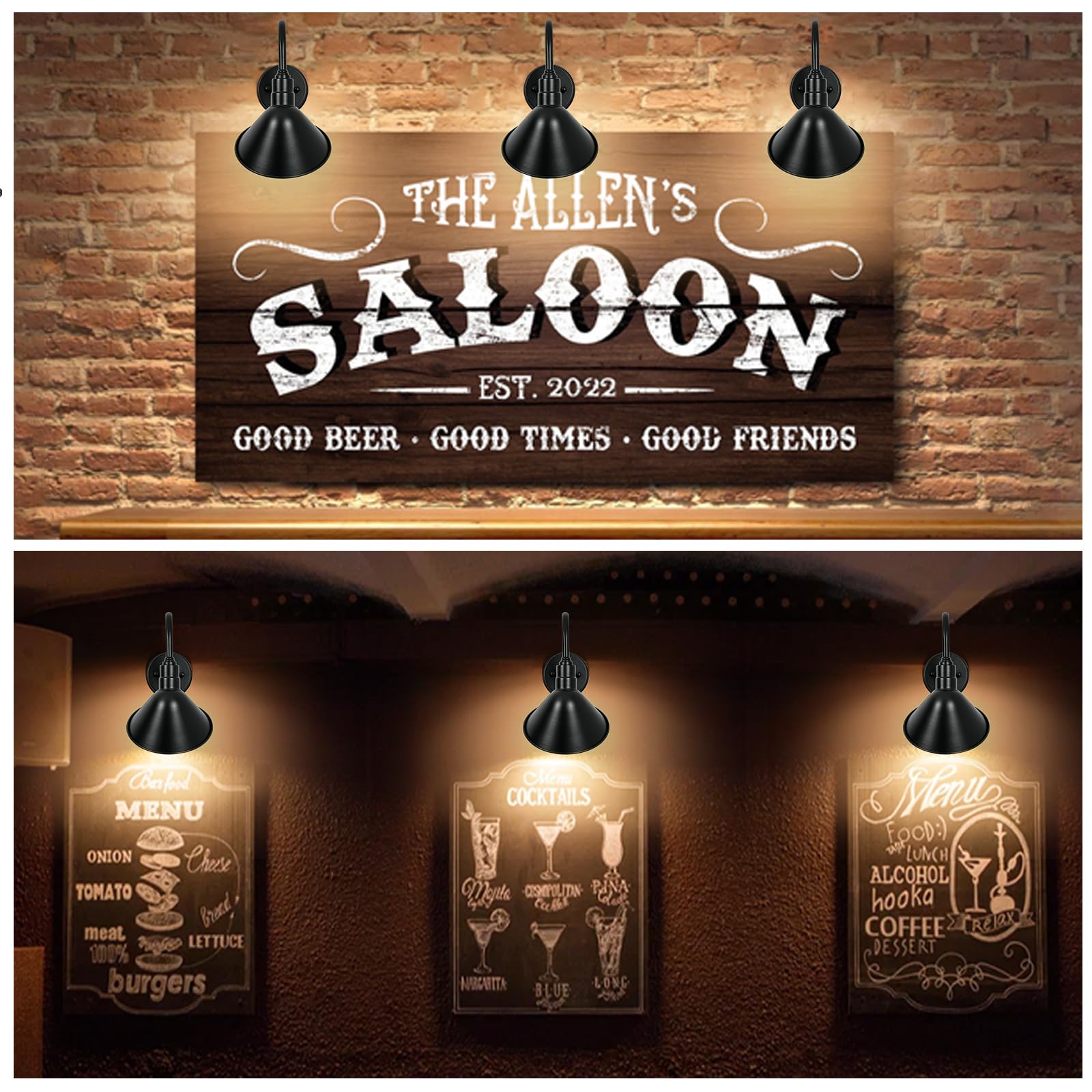 METOJIA Gooseneck Sign Light - 8" Dome Metal Wall Fixture, Vintage Style, Blck Exterior White, 2PCS, Model 8-0001