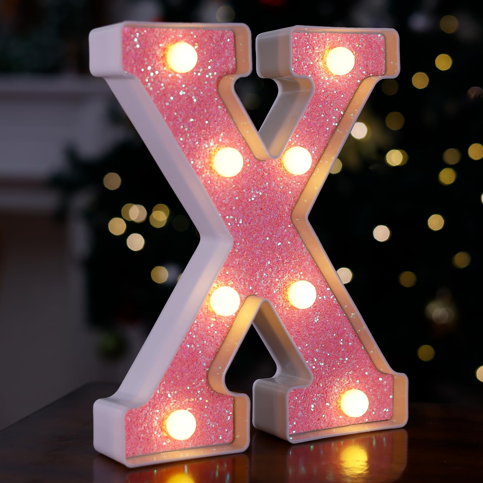 TRONSBOO LED Letter Light - Pink Glitter Marquee Sign, Battery Powered, 6.85in x 8.58in, Model Pink-Light-X, Perfect for Party Decoration