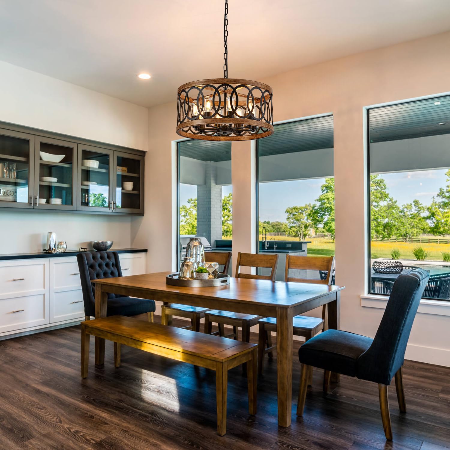 Faibra 8-Light Farmhouse Drum Pendant Light,19.68'' Nature Wood Texture Vintage Rustic Chandeliers Black Metal Industrial Hangin