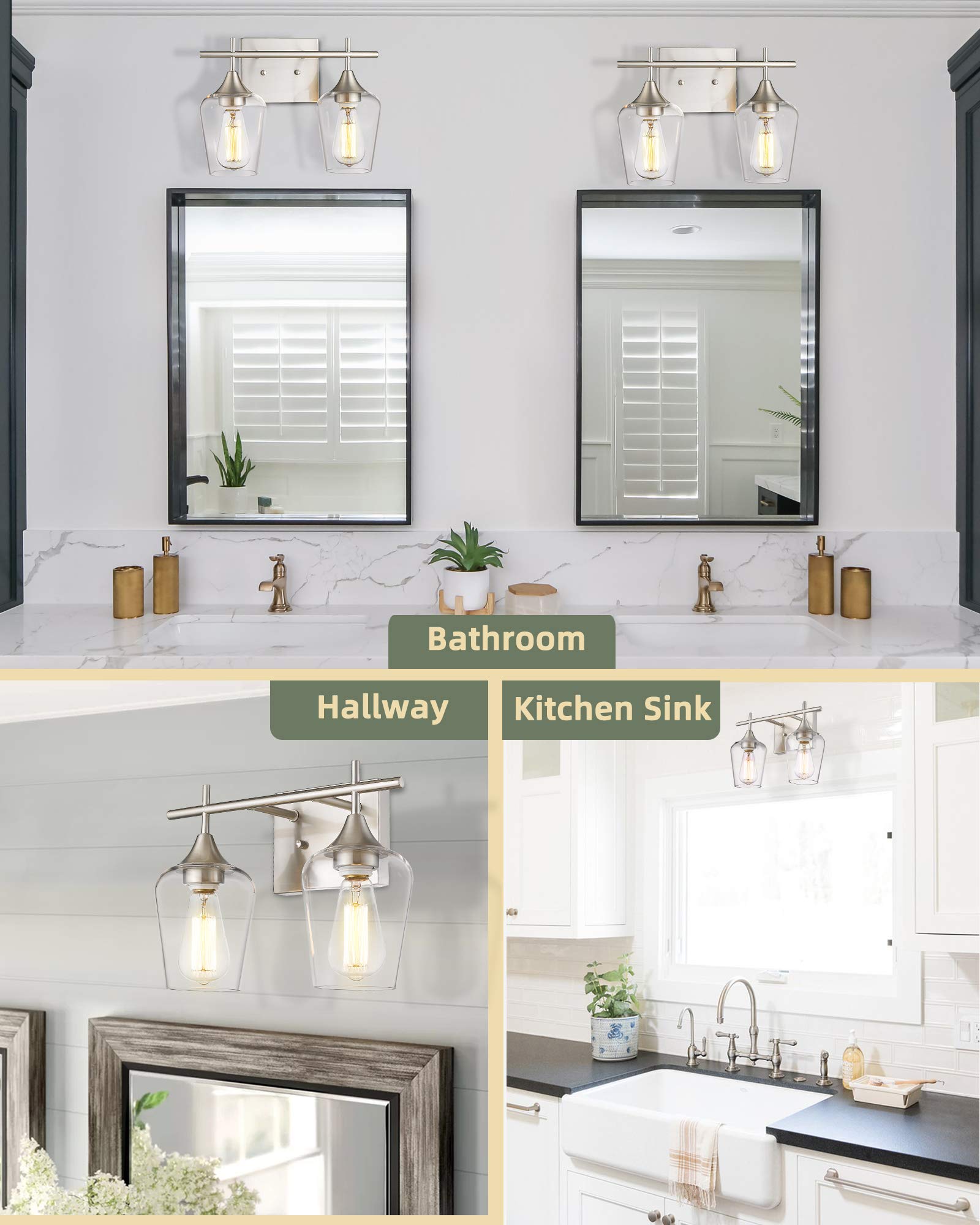 Osimir 2 Lights Bathroom Light Fixture, 15 Inch Brushed Nickel Bathroom Vanity Lights Over Mirror, Modern Farmhouse Bath Wall Sc
