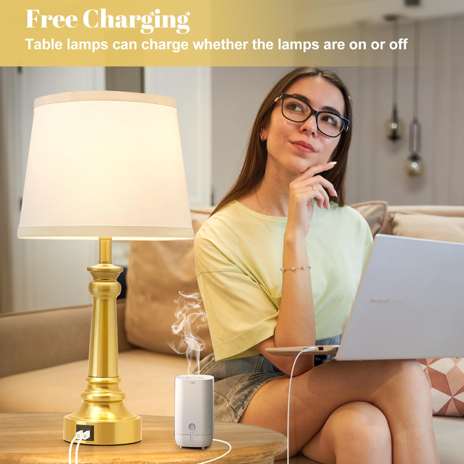 Ejiaxin Touch Lamps For Nightstand Set Of 2 - Gold Table Lamp For Bedroom 3 Way Dimmable Bedside Lamps With Usb C+A Ports - Lamp