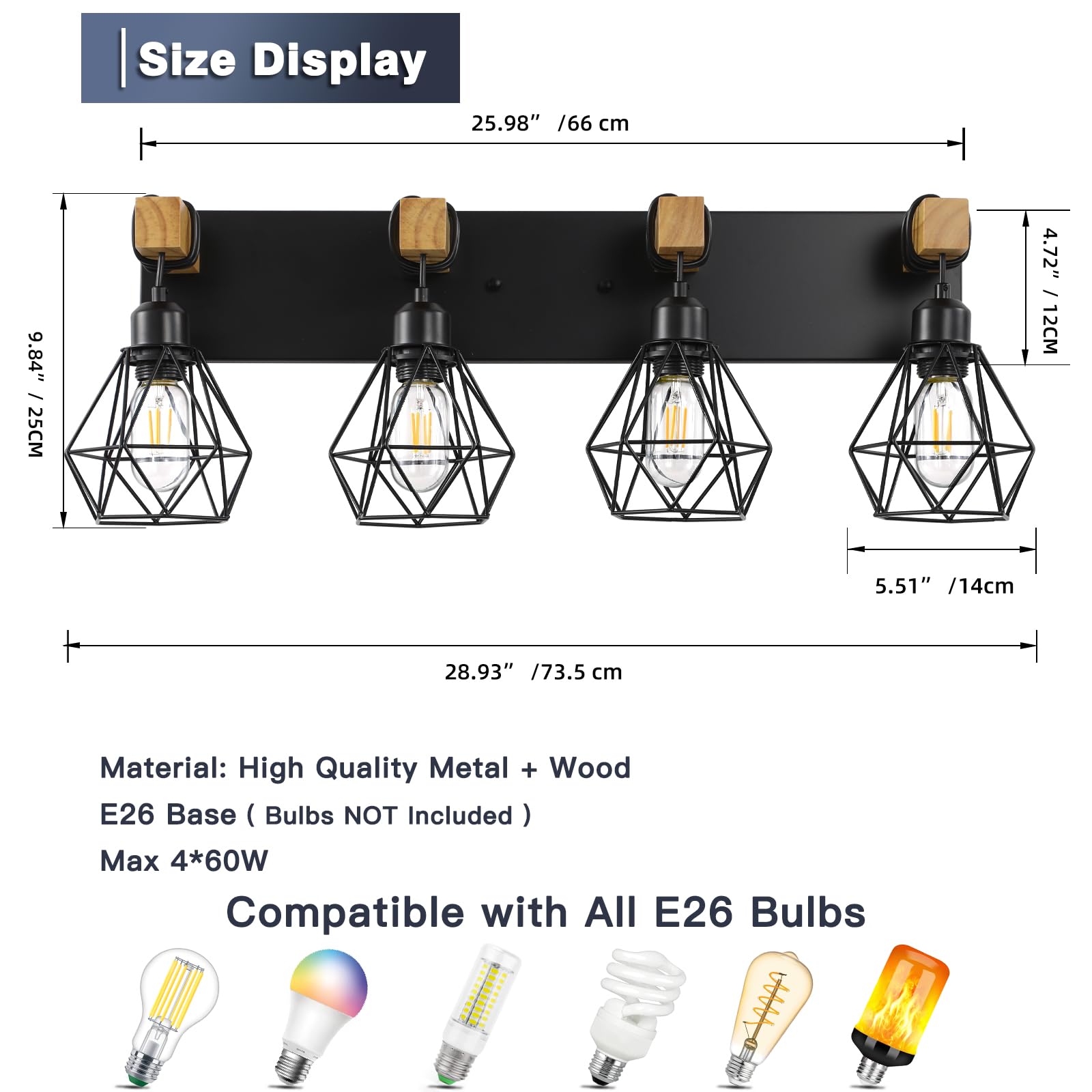 4-Light Farmhouse Bathroom Vanity Light Fixtures, Wood Bathroom Light Fixtures Over Mirror, Rustic Sconces Wall Lighting With Elegant Metal Lampshade For Living Room, Bedroom, Hallway