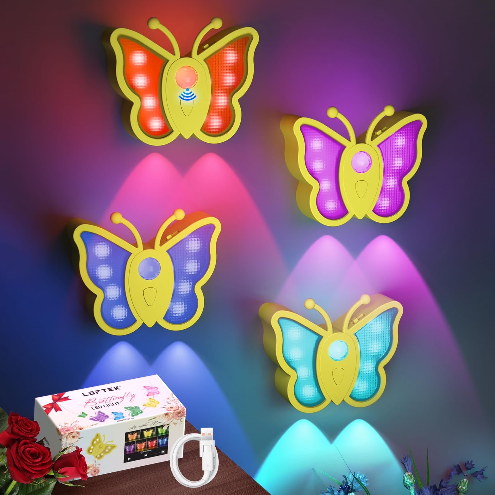 LOFTEK Motion Sensor Night Light, Rechargeable, Dimmable, 4 Pack, Yellow, Acrylic, Portable Stick-On for Home & Camping