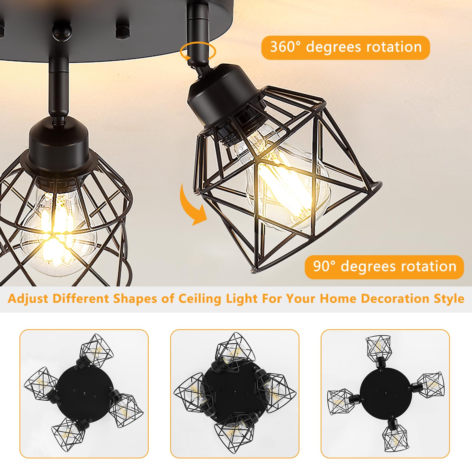 Baocuz 4-Light Kitchen Light Fixtures Ceiling Mount, Adjustable Multi-Directional Black Flush Mount Ceiling Light Fixture, Farmh