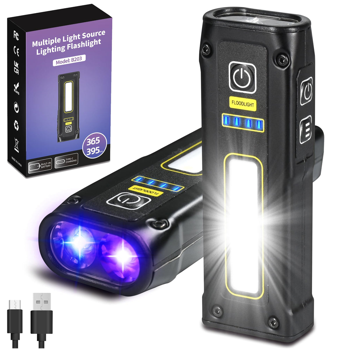 DARKBEAM UV Flashlight 365+395 Blacklight, LED EDC Flashlights high Lumen USB C Rechargeable Woods Lamp, Mini Magnetic COB Red L
