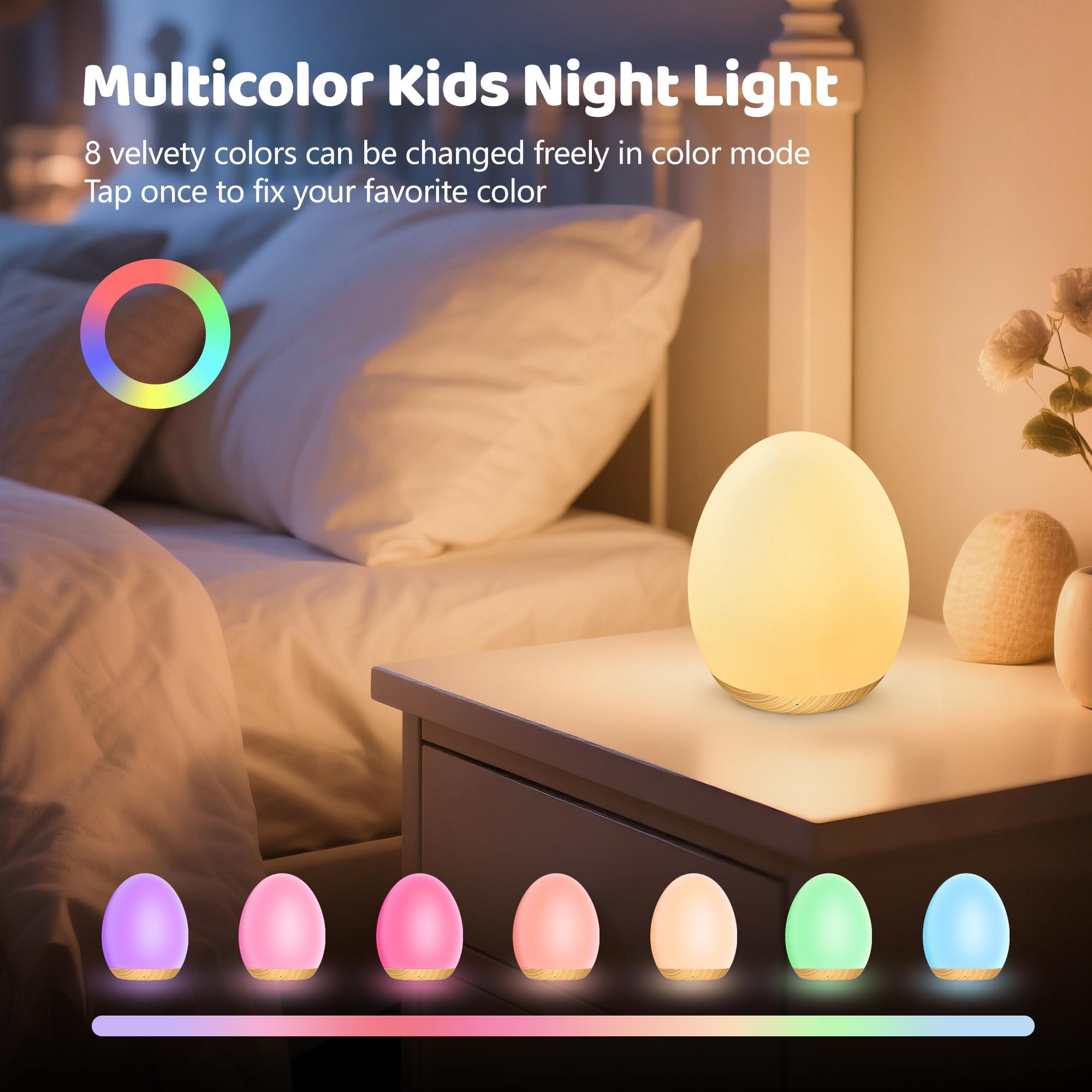 MediAcous Night Light for Kids, 7 Color Changing, Dimmable, Rechargeable, Touch Control, Wood Grain