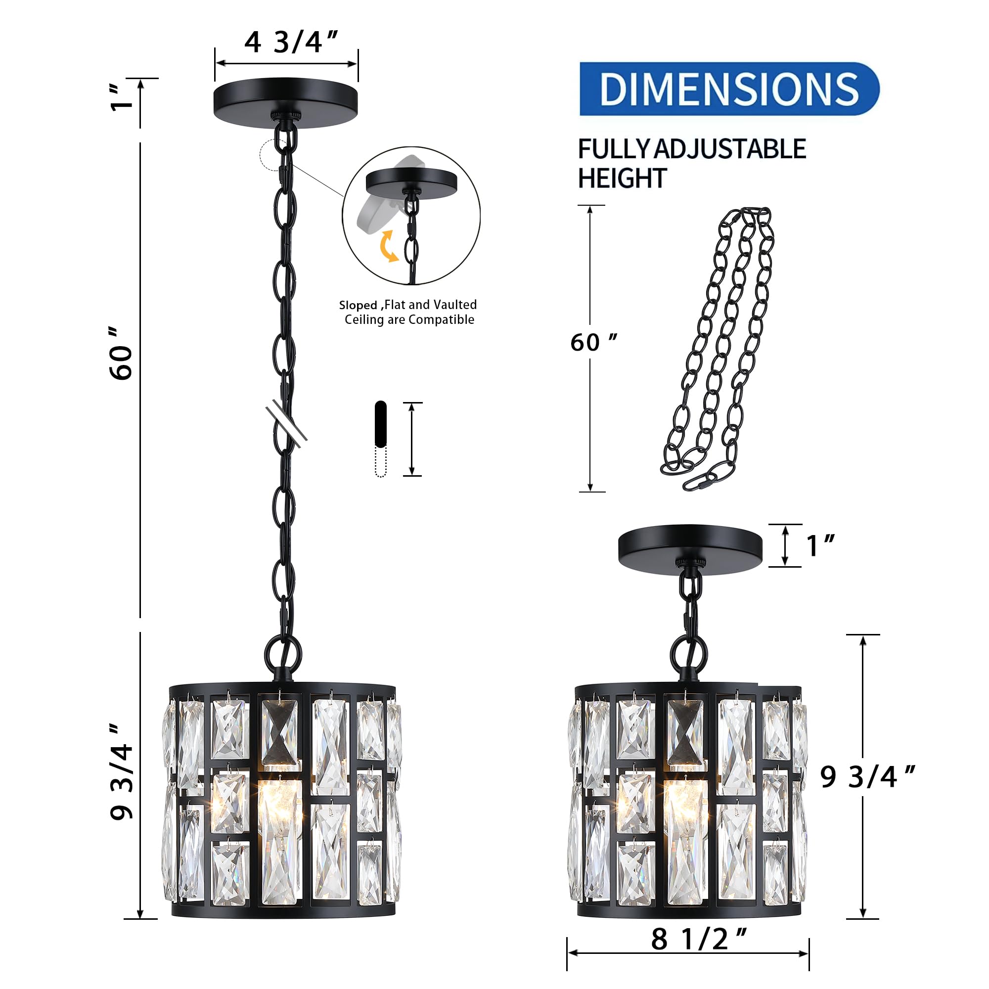 Modern Crystal Pendant Light,Black Chandelier Light Fixture, Cylinder Adjustable Height Pendant Lights For Kitchen,Dining Room,L