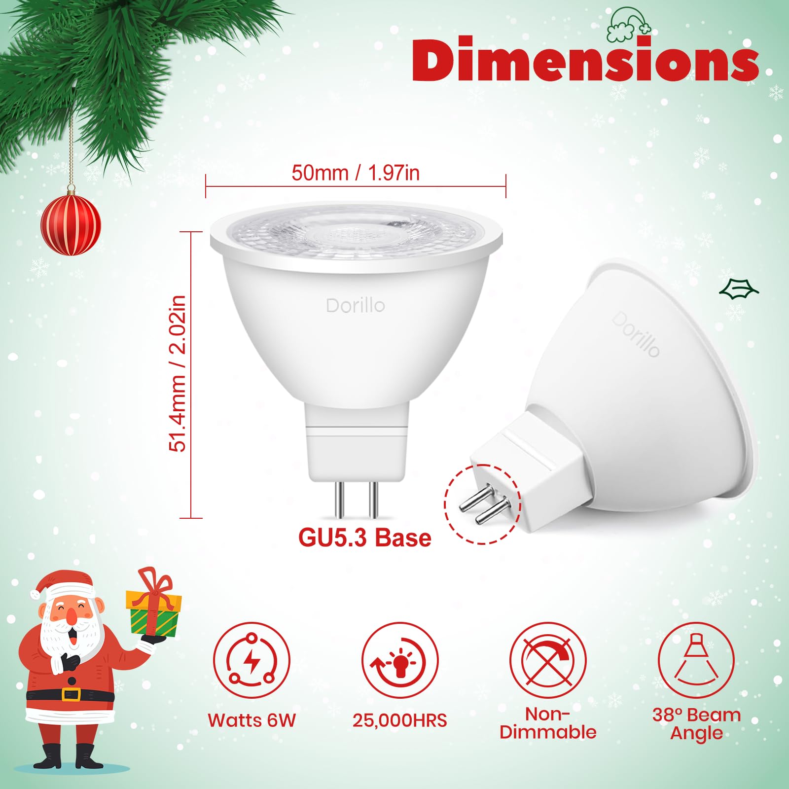 Dorillo Mr16 Red Led Light Bulbs 6 Pack  6W (50W Equivalent)  Gu5.3 Bi-Pin 12V  Non-Dimmable  38 Beam  Festive Landscape Lighting For Christmas  Porch  Yard  Garden