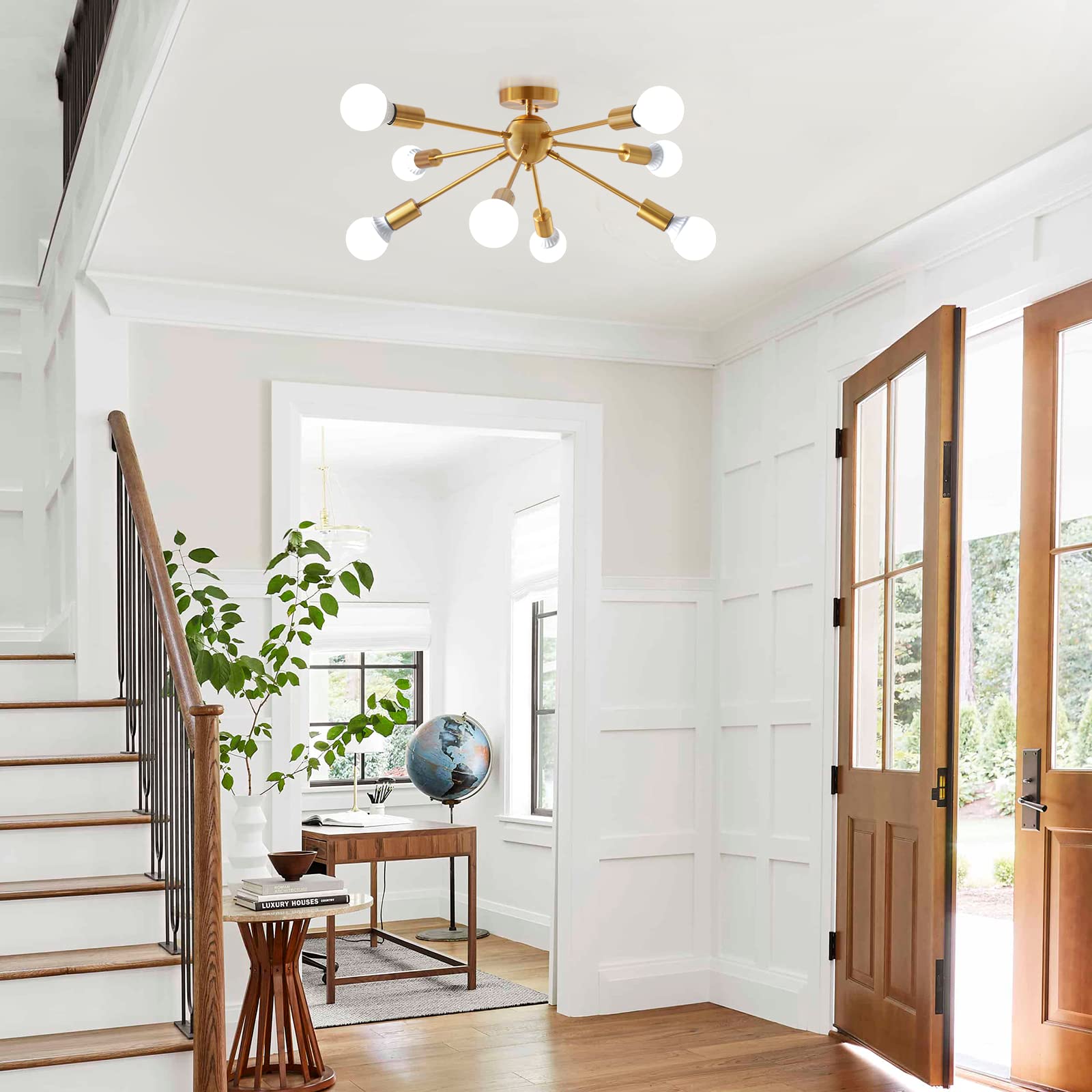 Kostomo 8 Light Sputnik Ceiling Light Brushed Gold Chandelier Brass Rustic Semi Flush Mount Ceiling Light Modern Kitchen Light Fixtures Chandeliers For Dining Room Bedroom Kitchen Ceiling Light