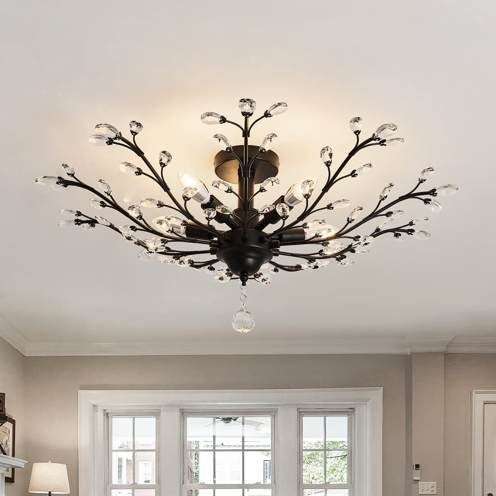 CVKASH 5-Light Vintage Crystal Chandelier Metal Semi Flush Mount 29.9 Inch Black Y-92
