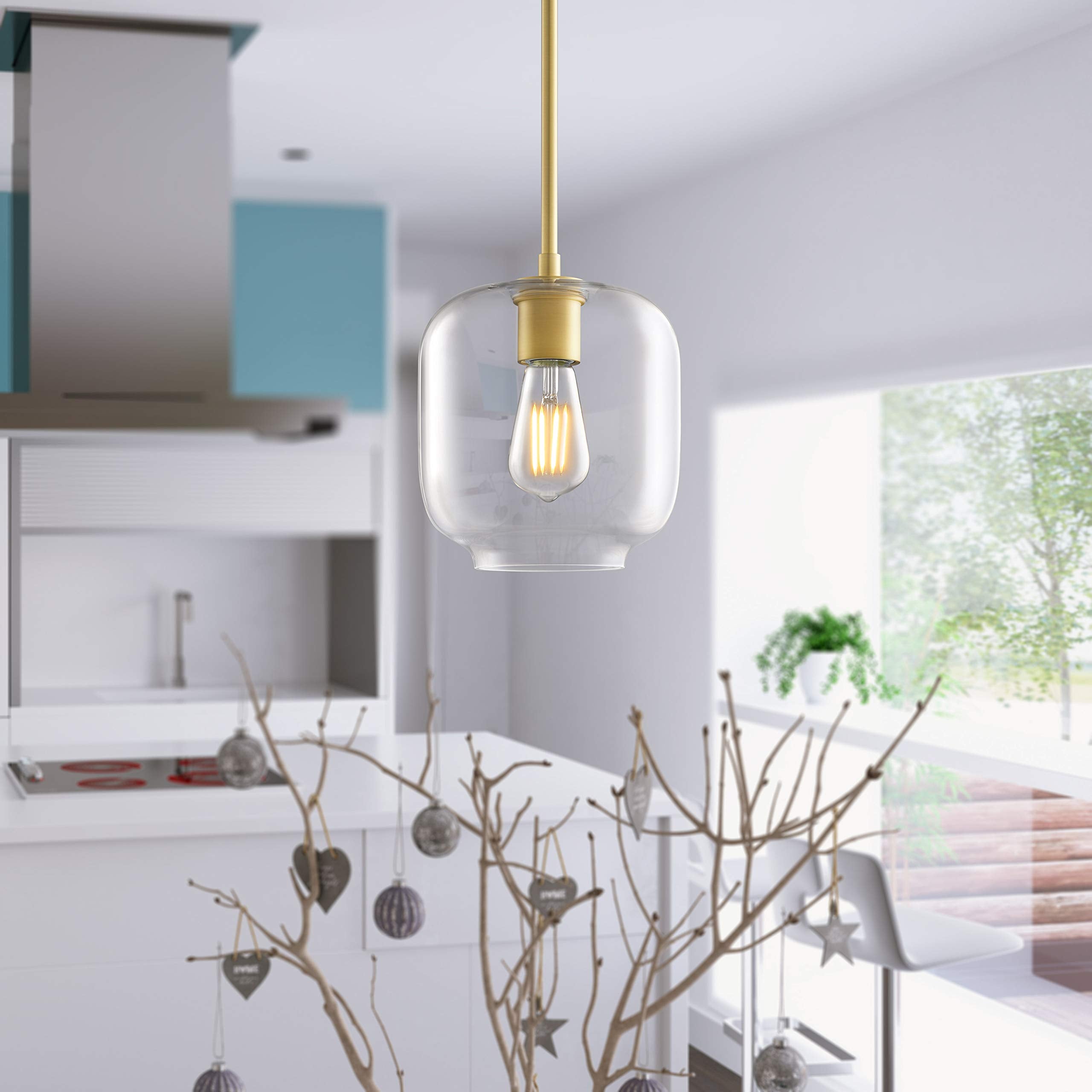 Linea di Liara Piarra Pendant Light, Satin Brass, Square Clear Glass Shade, Model LL-P622-3SB, Ideal for Kitchen Island and Over Sink Lighting