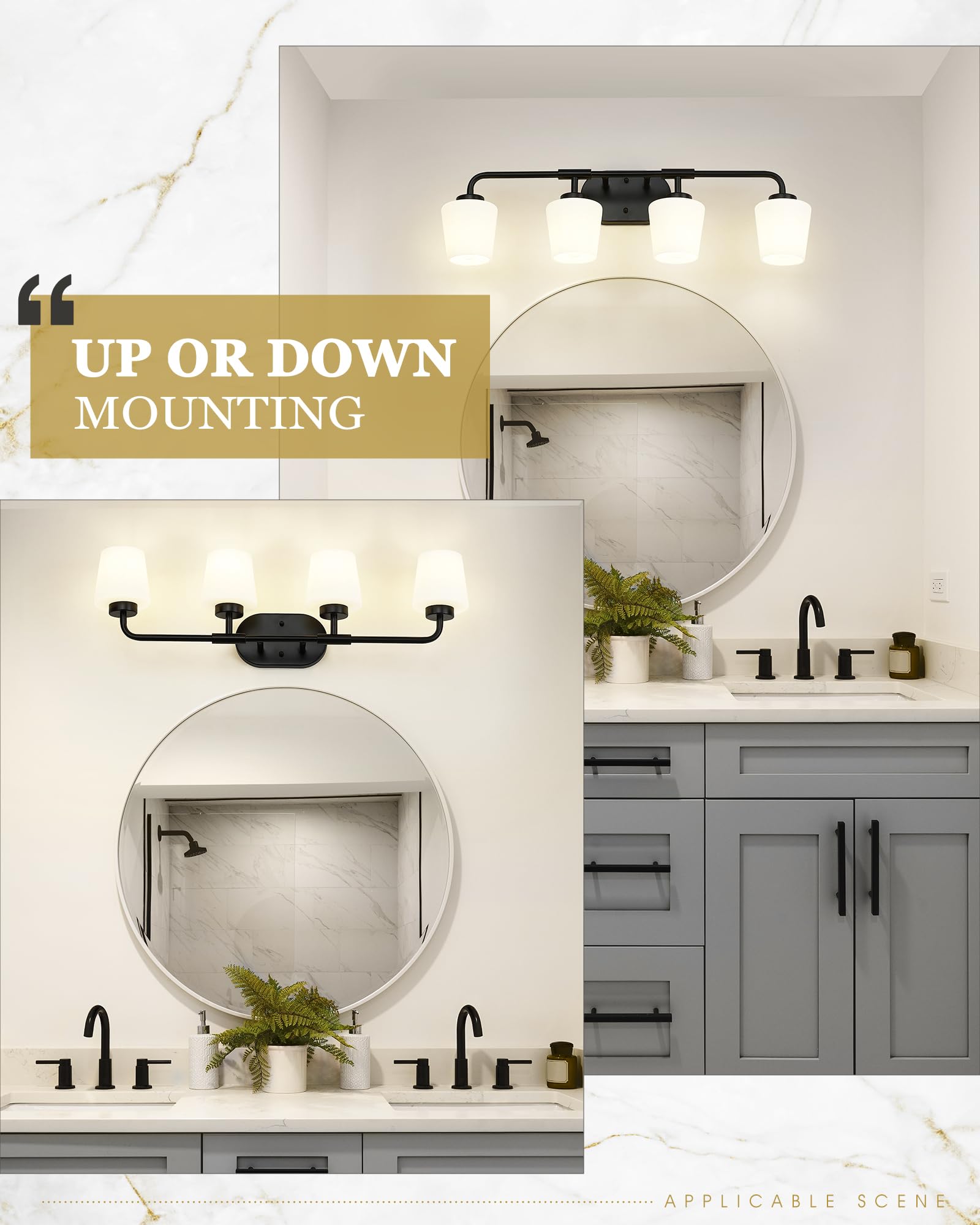 Audickic Bathroom Light Fixtures Over Mirror, 4-Light Matte Black Vanity Lighting Fixtures With Milk White Glass, Vintage Farmhouse Wall Sconces Lighting, Ad-22004-4W-Bk
