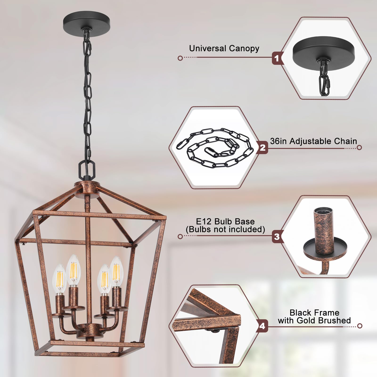Chandelier For Dining Room, 4-Light Rustic Chandelier Fixtures, Vintage Ceiling Light With Adjustable Height, Antique Bronze Geo
