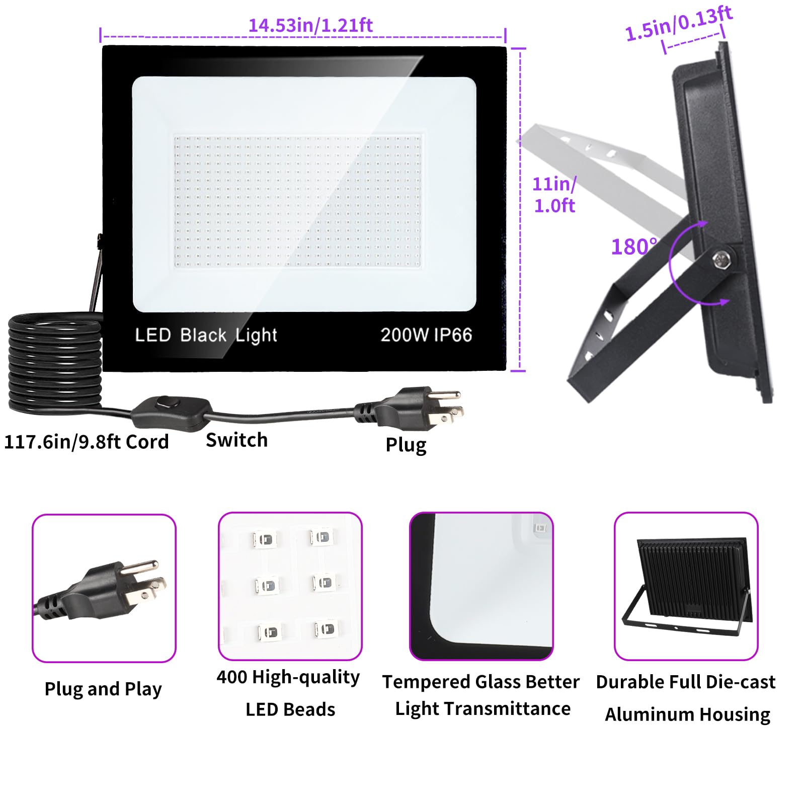 PIZHLO 2 Pack 200W LED Black Light, IP66 Waterproof Outdoor Spotlight, Black