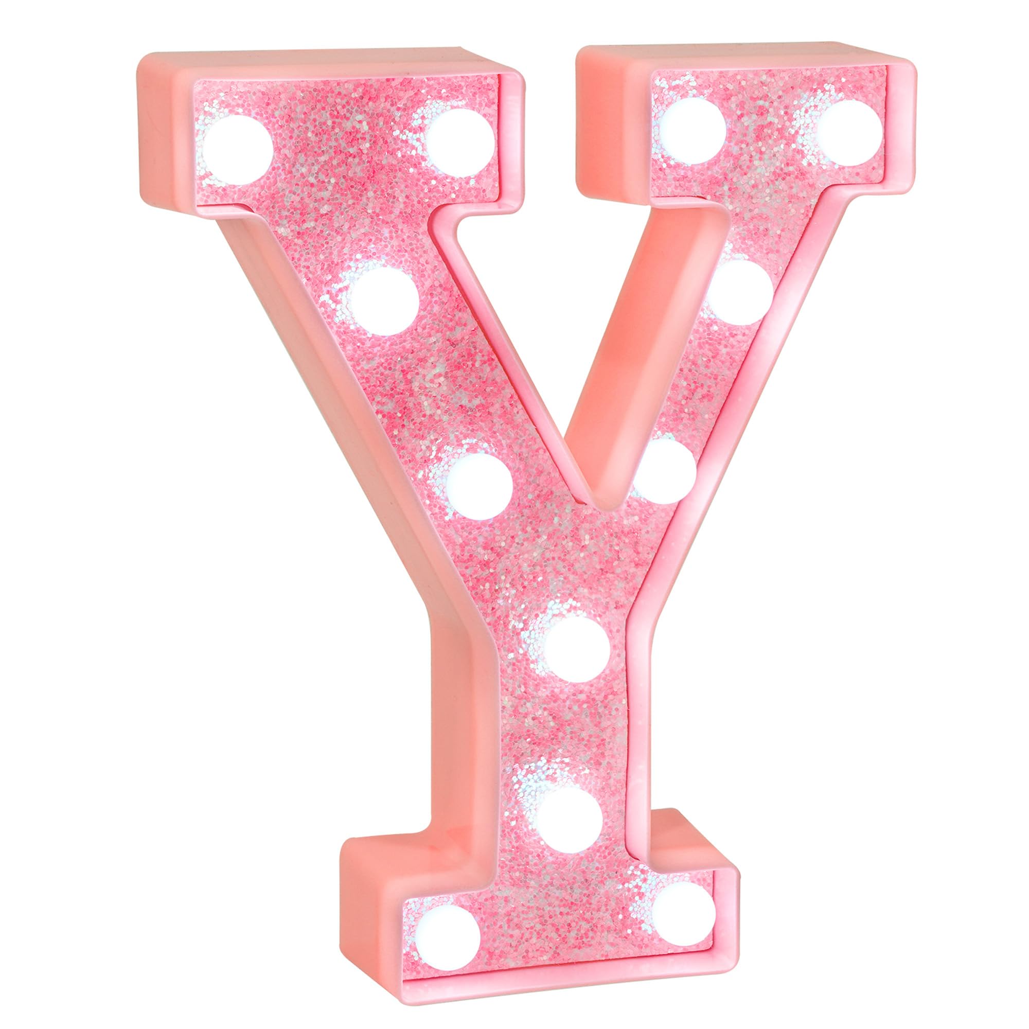 EUFONY Pink Glitter LED Marquee Light Up Letter Y with Cool White Lights, Battery-Powered Alphabet Letter Sign for Girls Gift, B