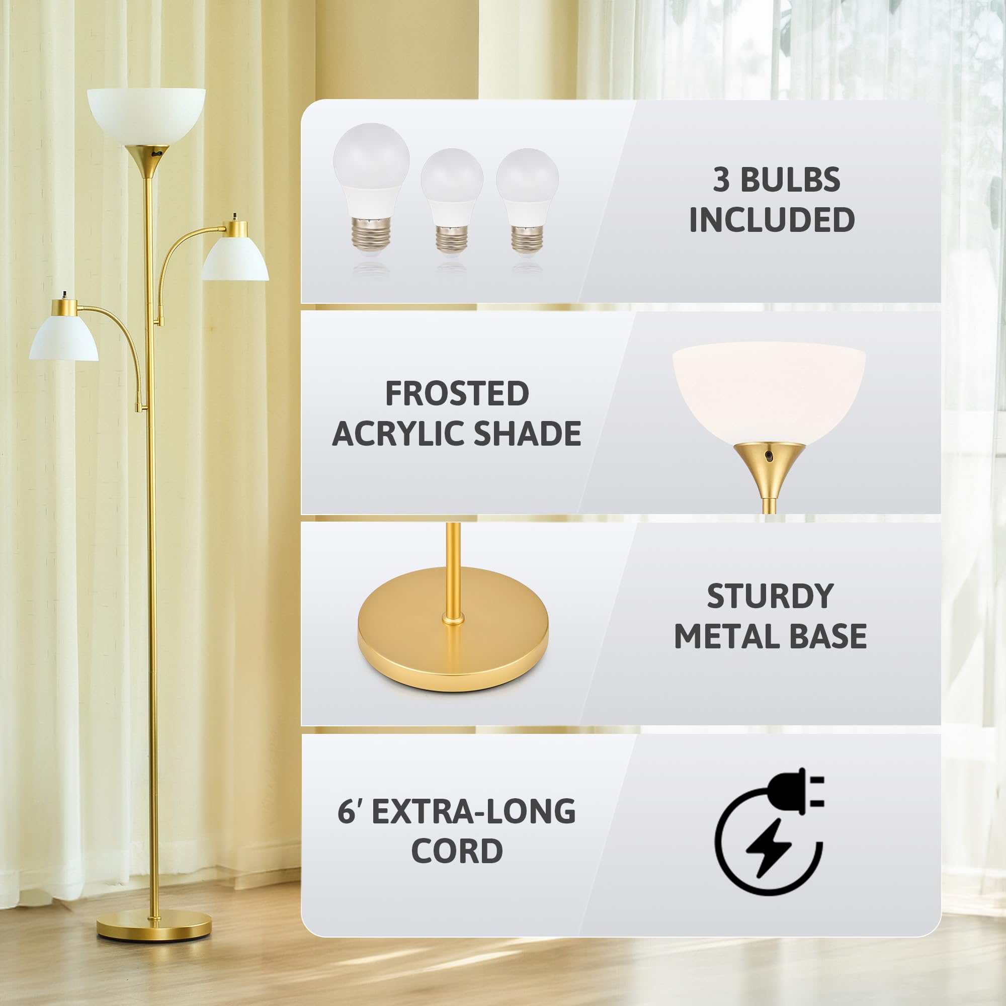 Vonluce 71'' Floor Lamp For Living Room With 3 Color Temperatures, Standing Lamp With Adjustable Reading Light, Modern Torchiere