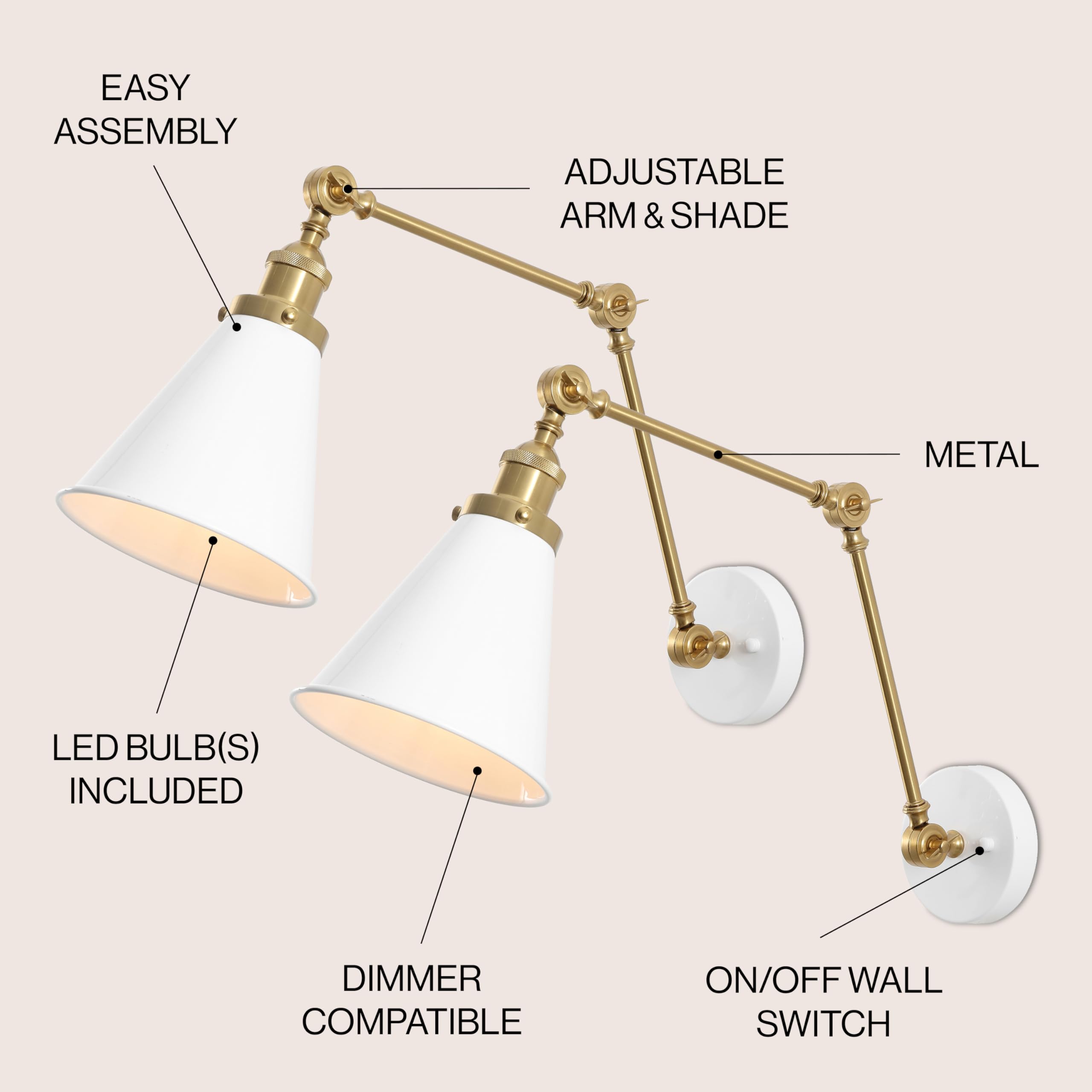 Jonathan Y Jyl7462B-Set2 Rover 7'' Classic Industrial Metal Adjustable Arm Led Wall Sconce, White/Brass Gold (Set Of 2) For Bedr