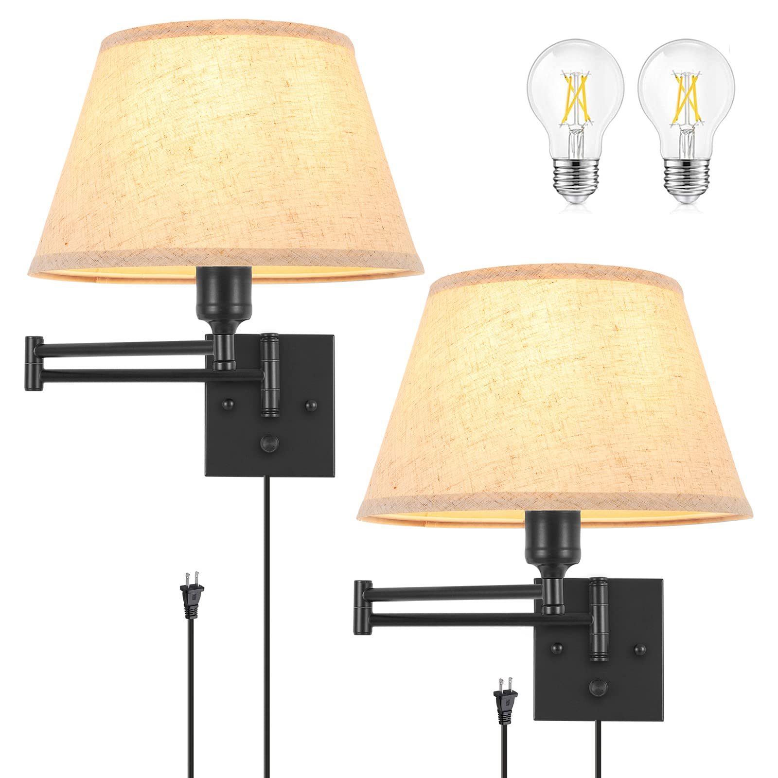 Trlife Dimmable Wall Sconce Set Of 2, Large Beige Fabric Shade, Swing Arm, Metal, Model Bysconce-L-Bei, Includes 2 Bulbs