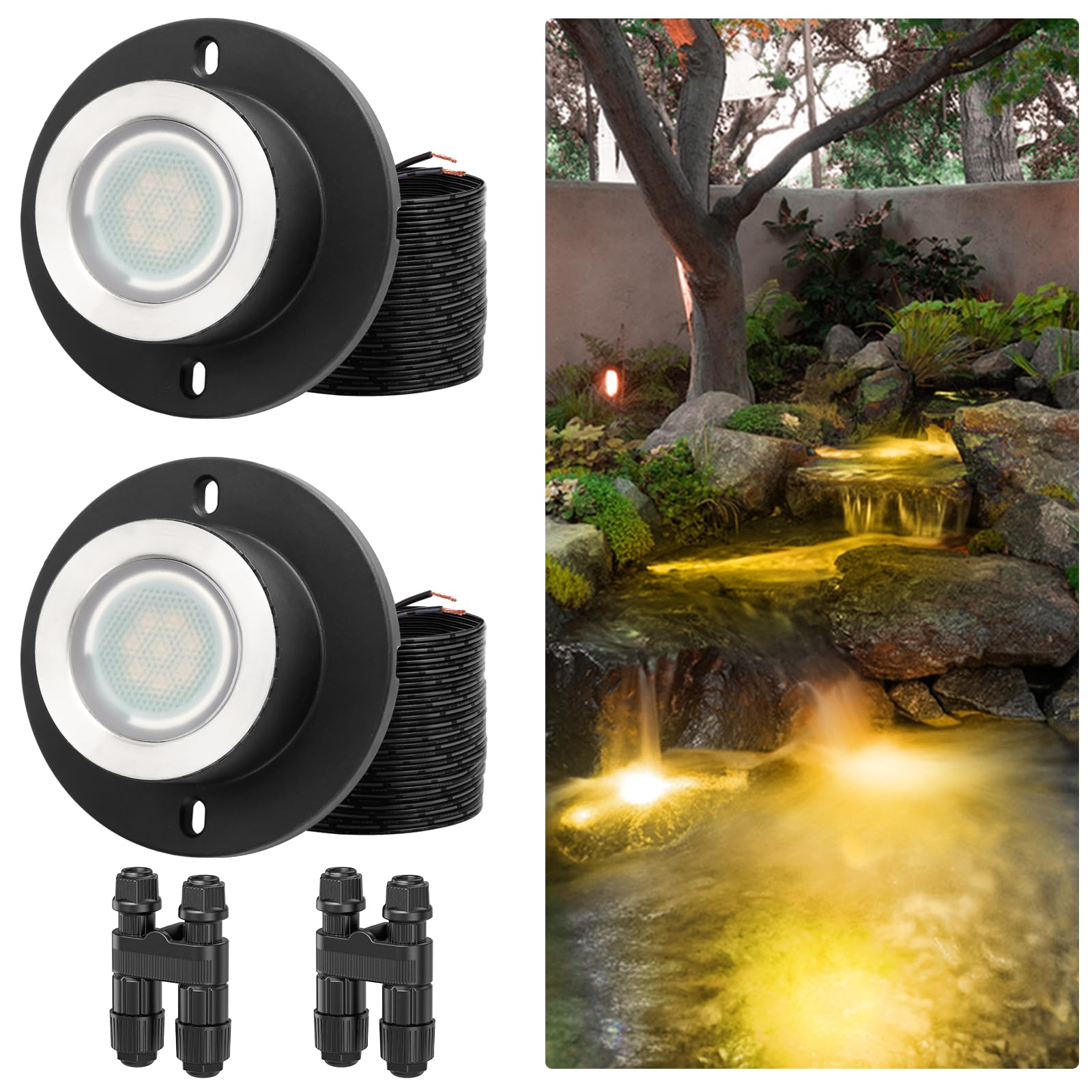 HIBOITEC 3W Pond Lights LED Underwater  2700K Warm White  IP68 Waterproof Low Voltage Submersible Fountain Lights for Ponds Tank Garden Waterfall  12-24V AC/DC  2 Pack