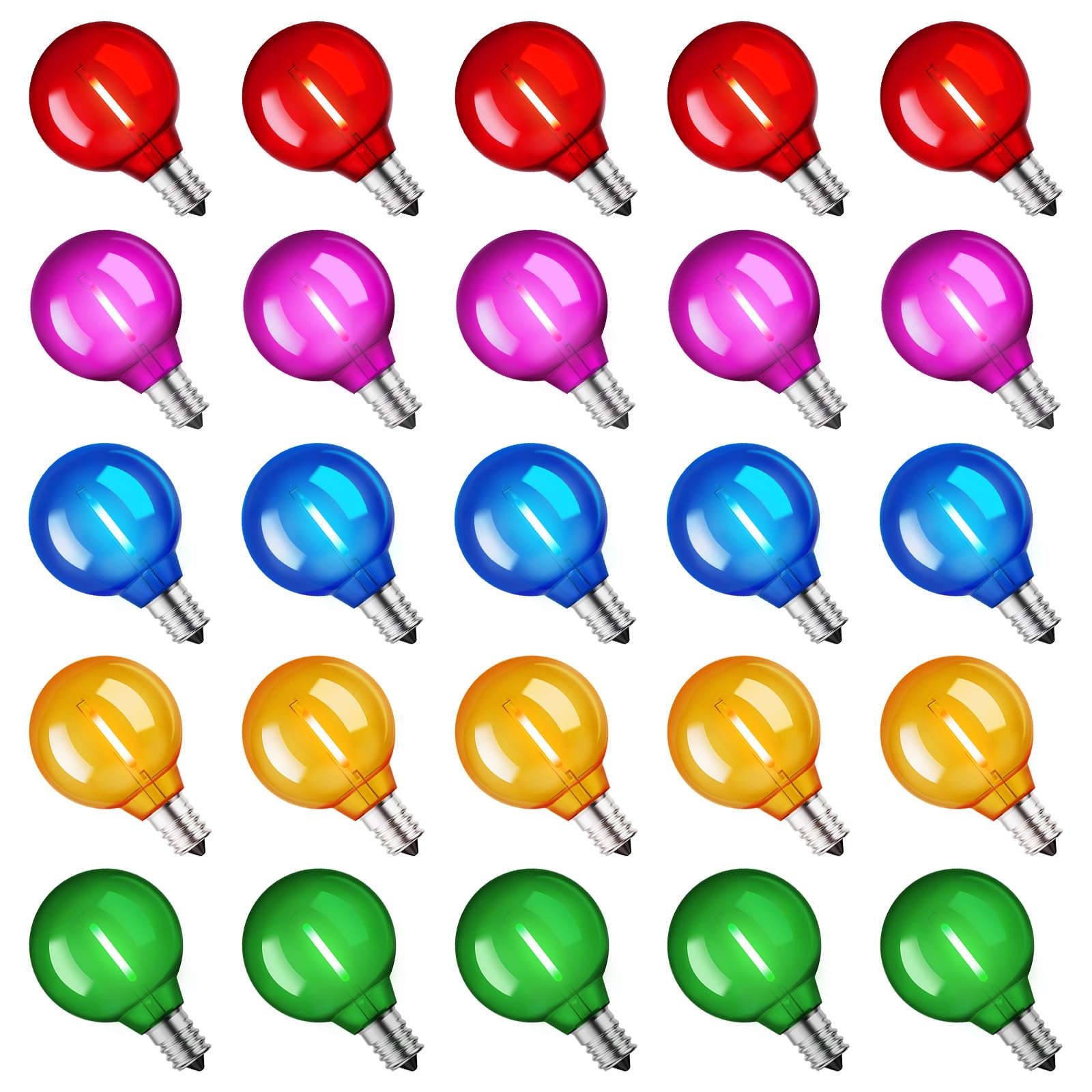 Brightown 50 Pack Multicolor G40 LED Christmas Replacement Light Bulbs, UL Listed, 1 Watt E12/C7 Candelabra Base Plastic Shatterproof LED Globe Edison Bulbs, Easily Screw in Strings Spools Strands