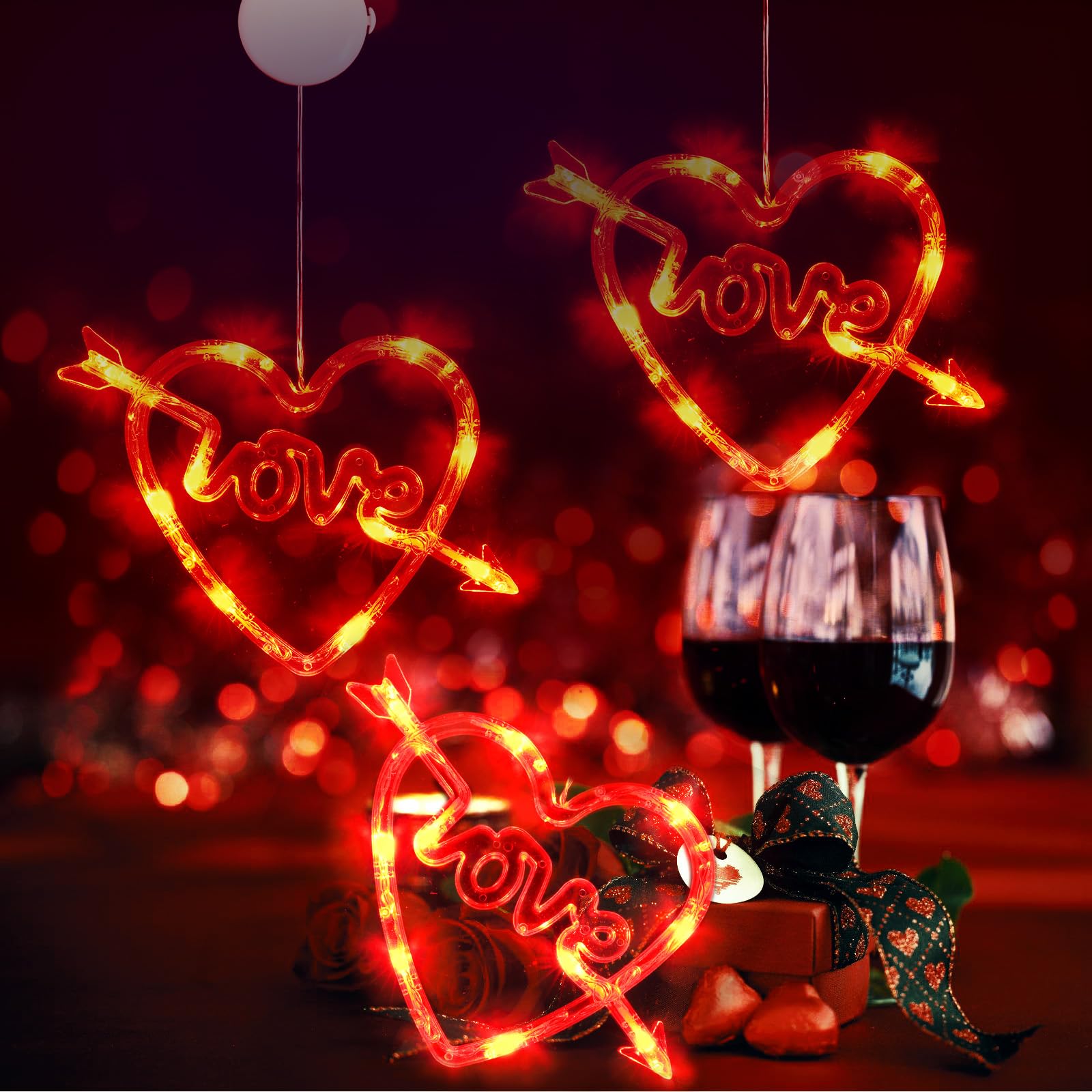 Valentine Day Window Lights,3Pcs Valentines Decorations Heart Lights With Suction Cup,Timer,Battery Operated Indoor String Lights For Home Wedding Anniversary(Red)