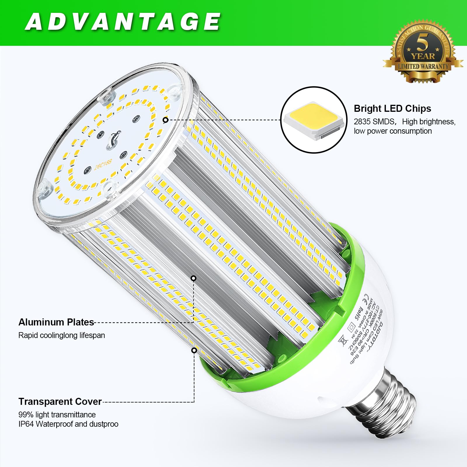 Djdtdty Amazon High Brightness 100W Led Light Bulb, E26 E39 Base Led Corn Lamp, 15000 Lumen 5000K Daylight 100V~277V Corn Cob Li