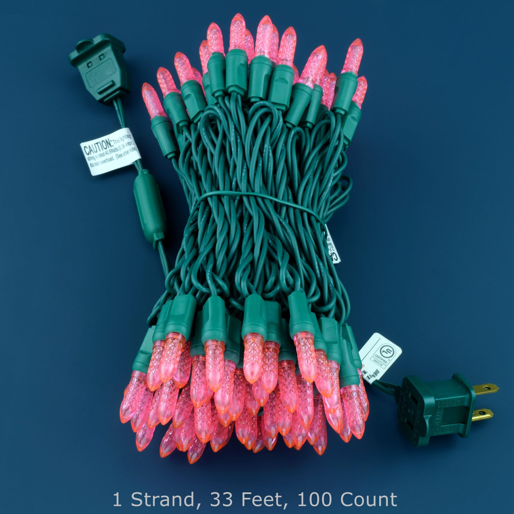 SWEET SHINE LED Christmas Lights, 33 ft Green Cord, Waterproof, M6 Model, Pink Faceted One-Piece String Lights