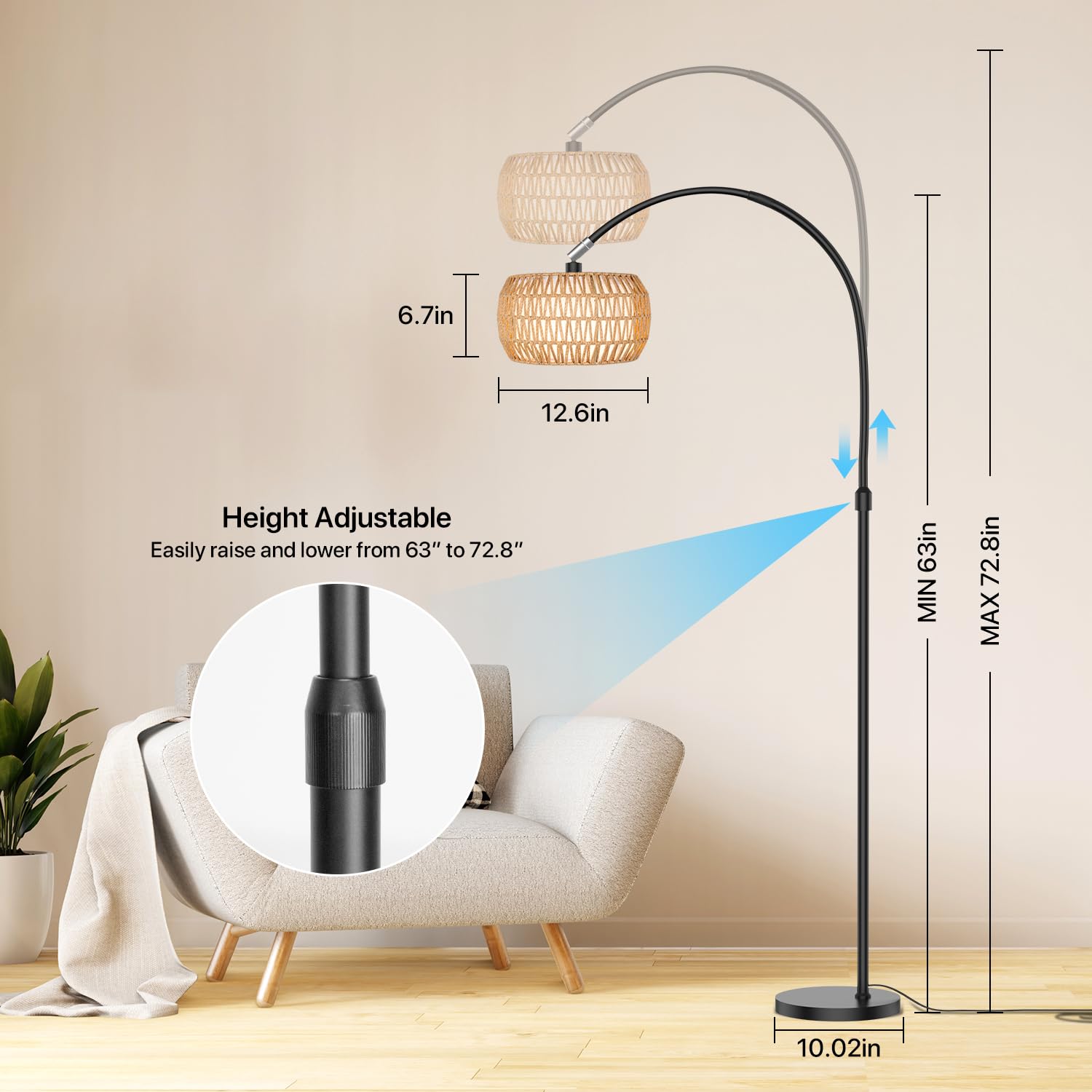 Arc Floor Lamp For Living Room With 3 Color Temperatures, Black Standing Lamp With Remote & Rgb Bulb, Farmhouse Rattan Boho Floo