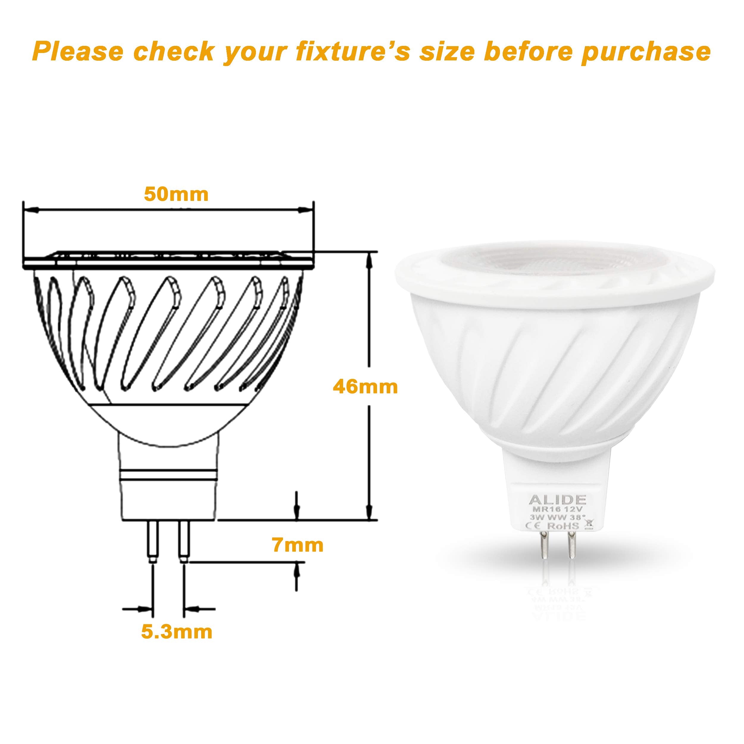 ALIDE MR16 3W LED Bulbs, 20W Halogen Equivalent, 2700K Soft Warm White, 6 Pack, Non-Dimmable, 12V GU5.