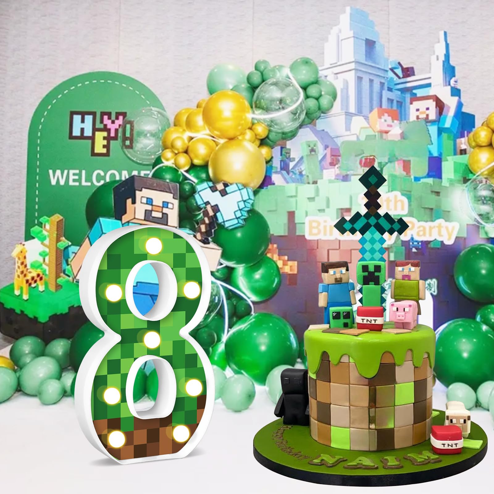 Axbmm 8.5'' Pixel Game Light Up Numbers Pixel Game Birthday Decorations Happy Birthday Light Up Sign Pixel Pattern Game Theme Ni
