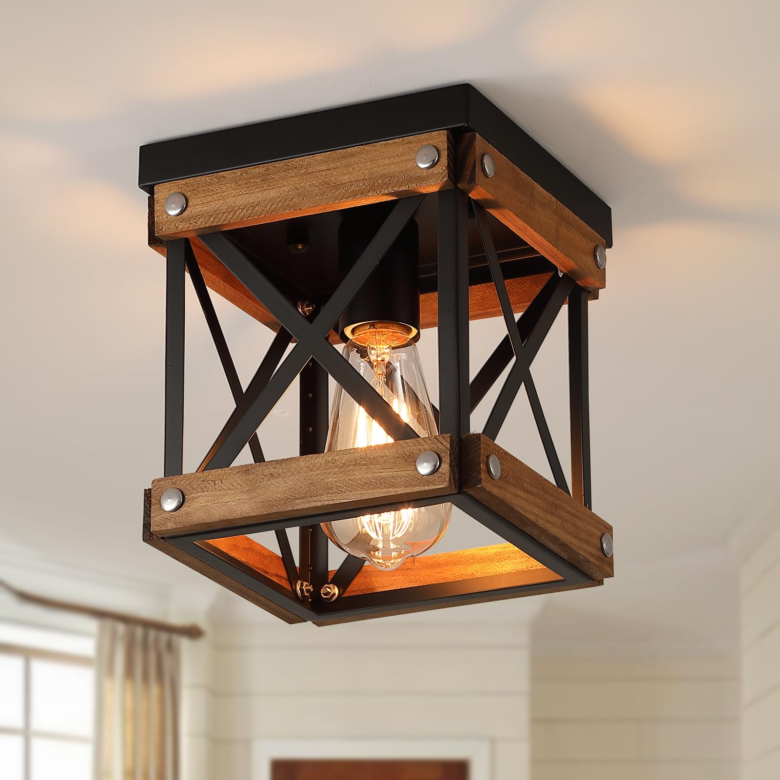 Rustic Farmhouse Wood Flush Mount Ceiling Light Fixture Oak Wood And Metal Square Cage Small Semi Flush Mount Ceiling Light For 