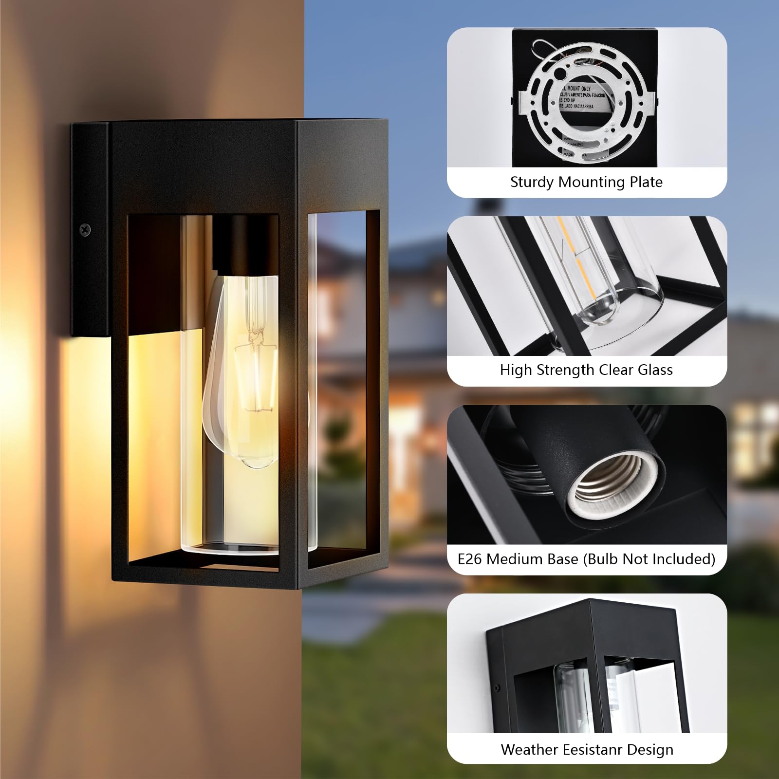 Lwsoy 2-Pack Outdoor Wall Light Fixtures, Exterior Waterproof Lanterns, Porch Sconces Wall Mounted Lighting With E26 Sockets & Glass Shades, Modern Matte Black Wall Lamps For Patio Front Door Entryway