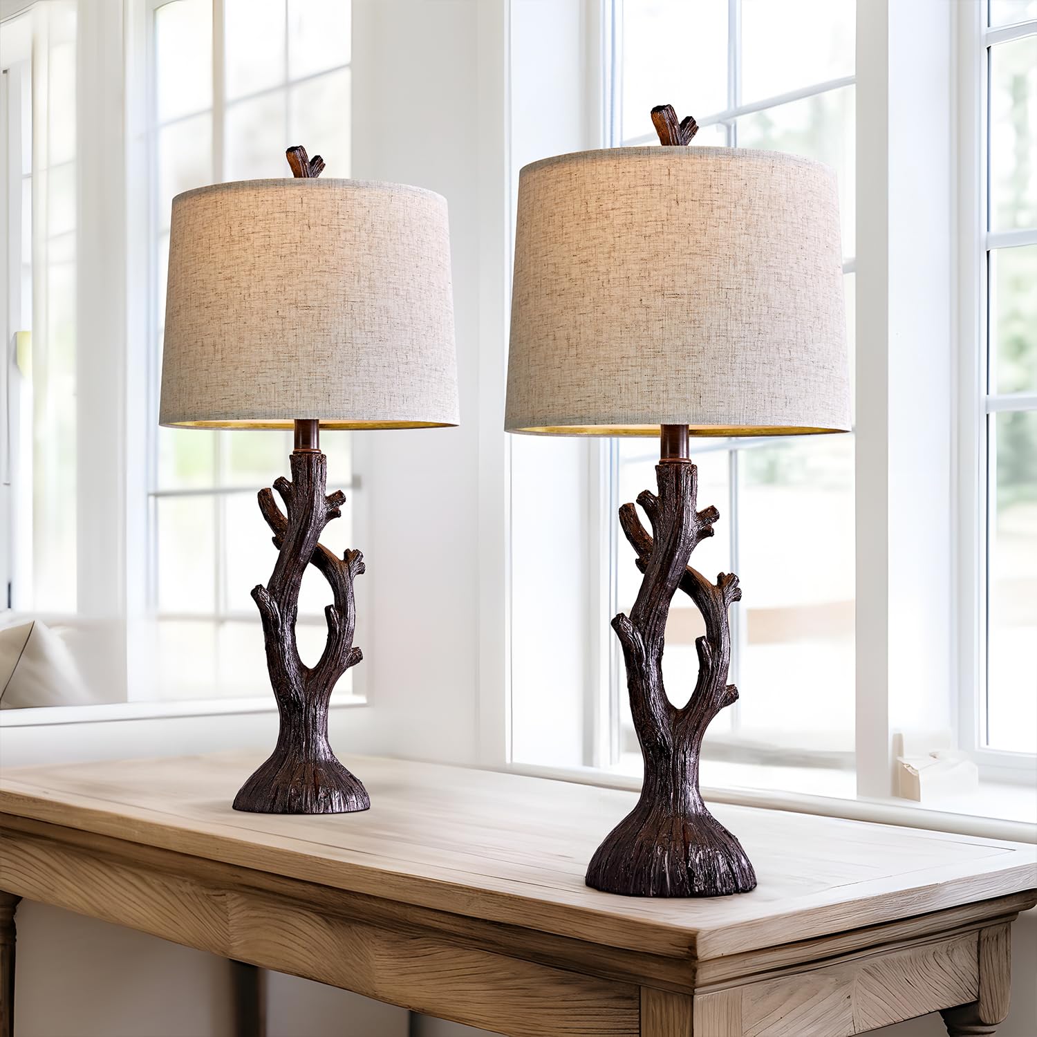 OYEARS 25" Farmhouse Table Lamp Set of 2, Vintage Brown Resin Nightstand Lamps, Model AMZ-T1143BR for Living Room and Bedroom