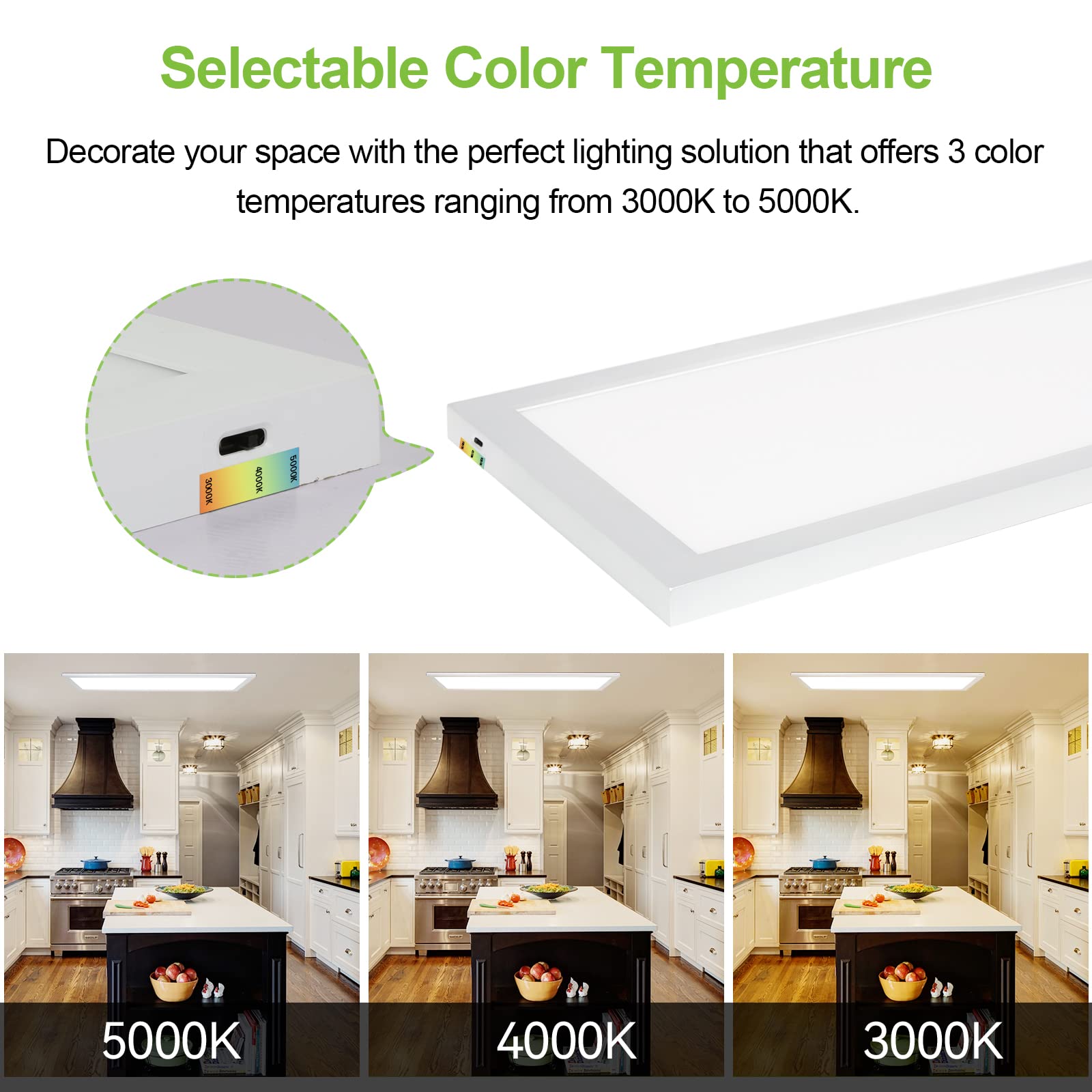 hykolity LED Flat Panel Light, 48W Dimmable, 4800lm, 1x4 FT, Selectable CCT 3000K/4000K/500