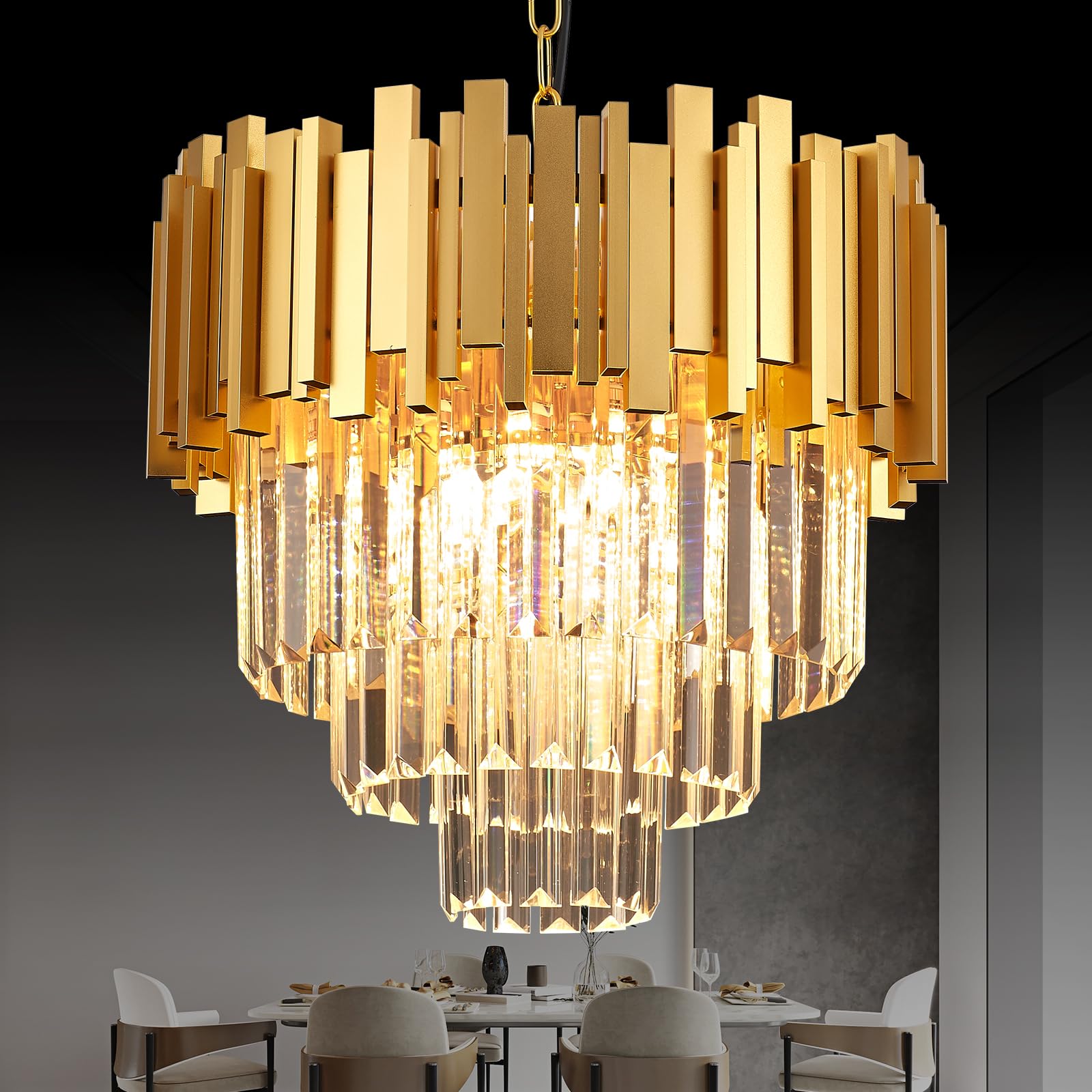 Brfaixla 3-Tier 15.8 Crystal Gold Chandelier Modern Crystal Pendant Chandeliers 5 Lights Round Hanging Lighting For Dinning Room Kitchen Island Bedroom Living Room Foyer Entryway  E12