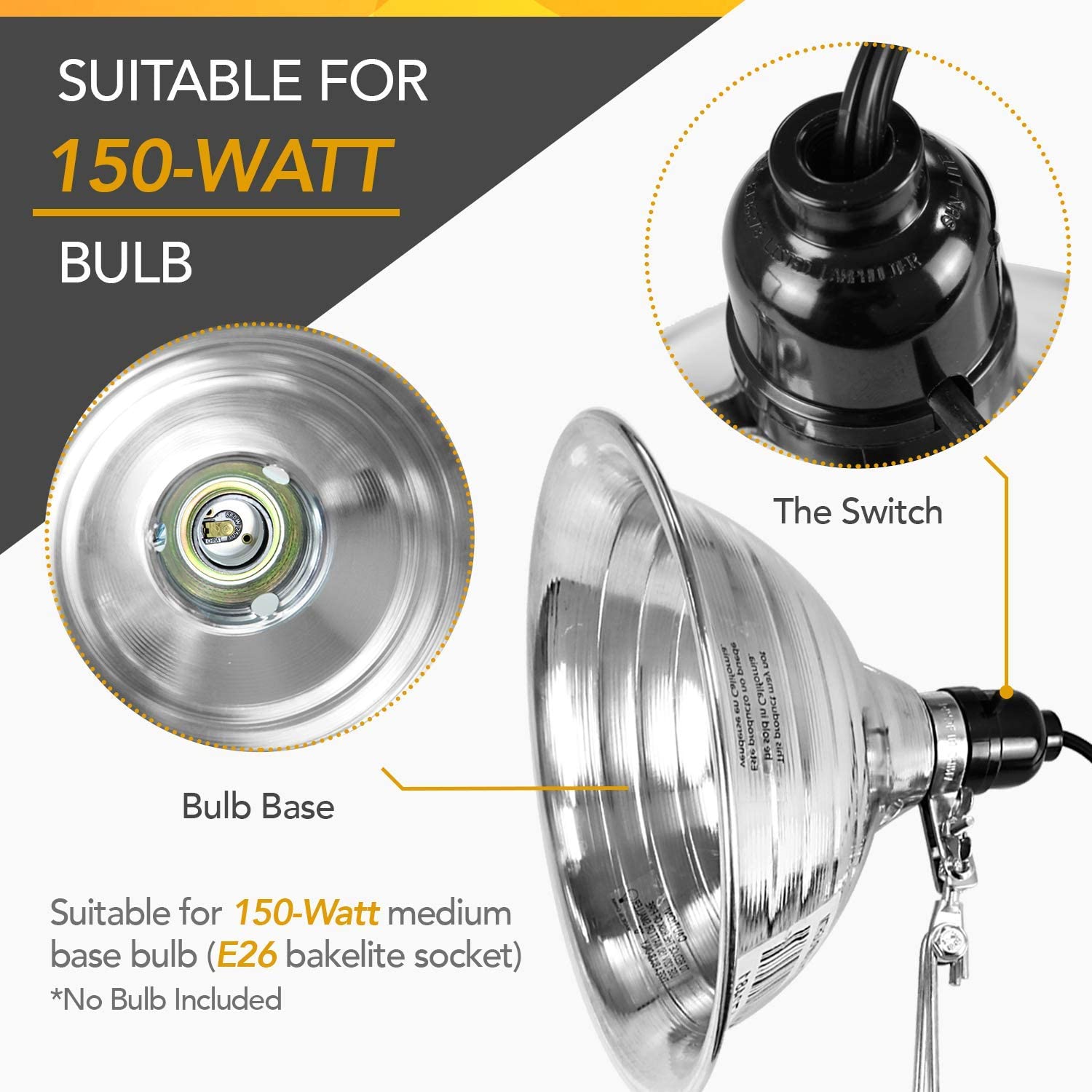 Simple Deluxe Tight Grip Clamp Lamp Light, 8.5" Aluminum Reflector, 150W E26 Socket, Silver, 6ft Cord, 1-Pack