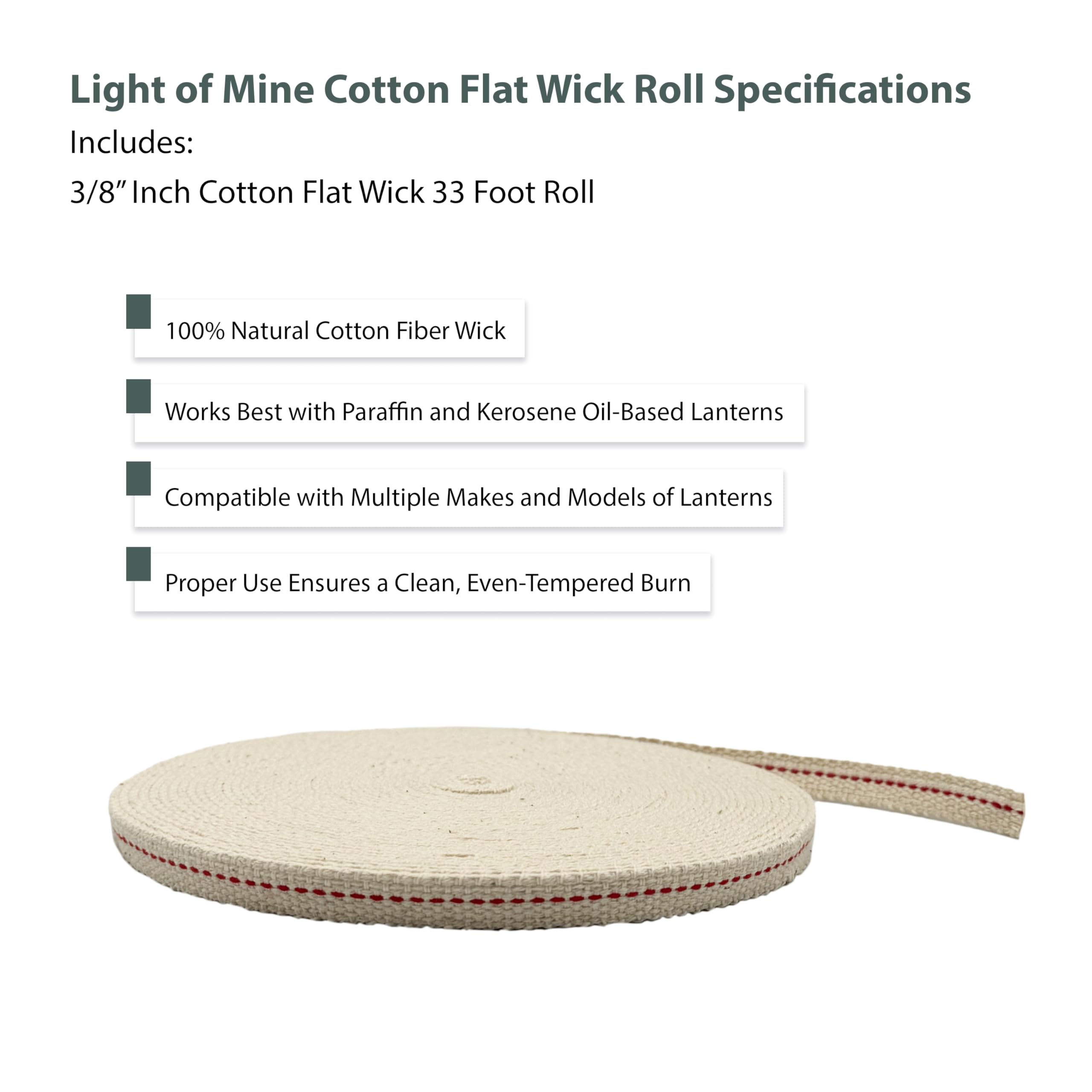LIGHT OF MINE Cotton Flat Wick for Lanterns and Oil Lamps, 3/8in x 33 Roll, Model AX-AY-ABHI-114960