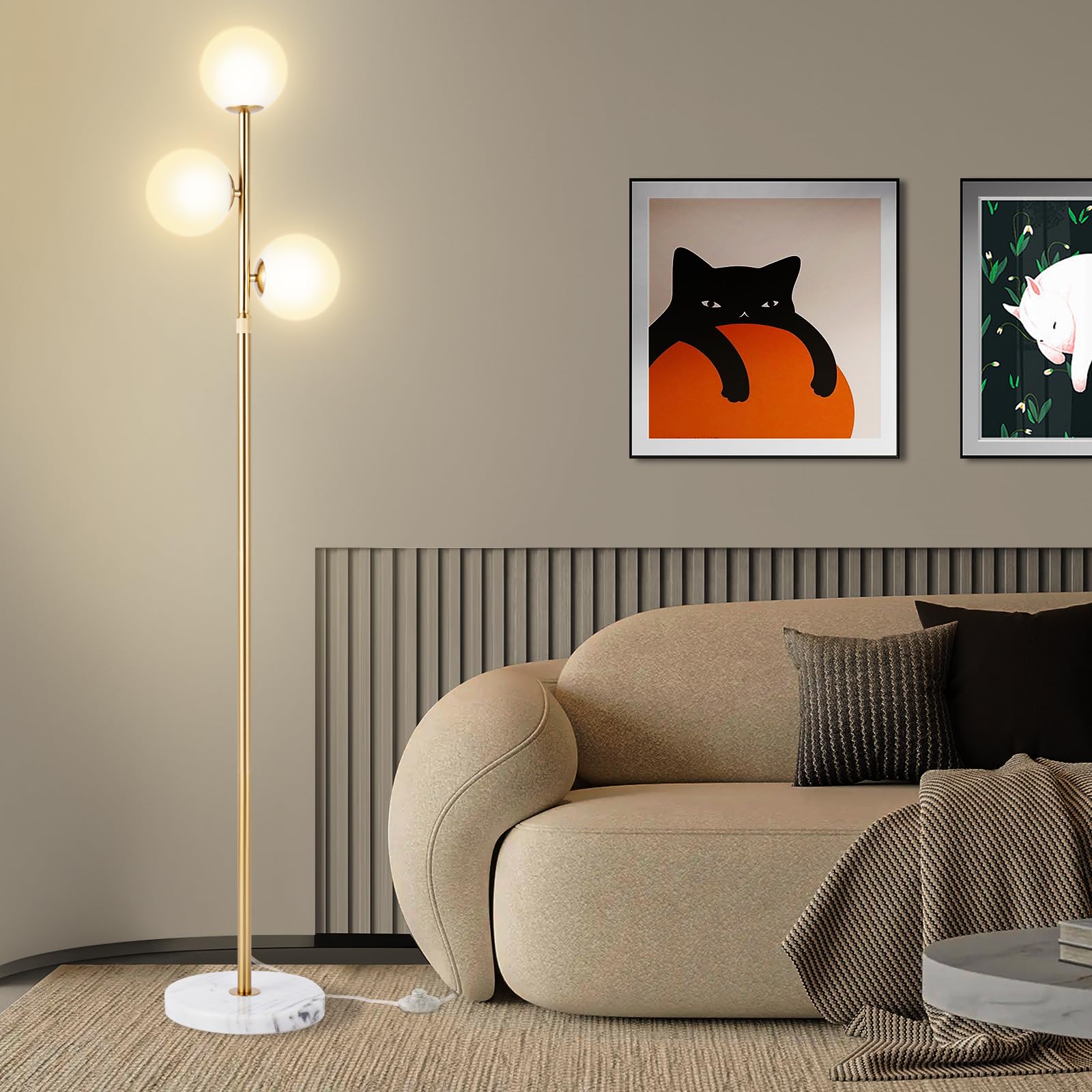 Vallerico 3-Globe Mid Century Modern Floor Lamps For Living Room, Adjustable Height Standing Lamp With Marble Base, Gold Tall La