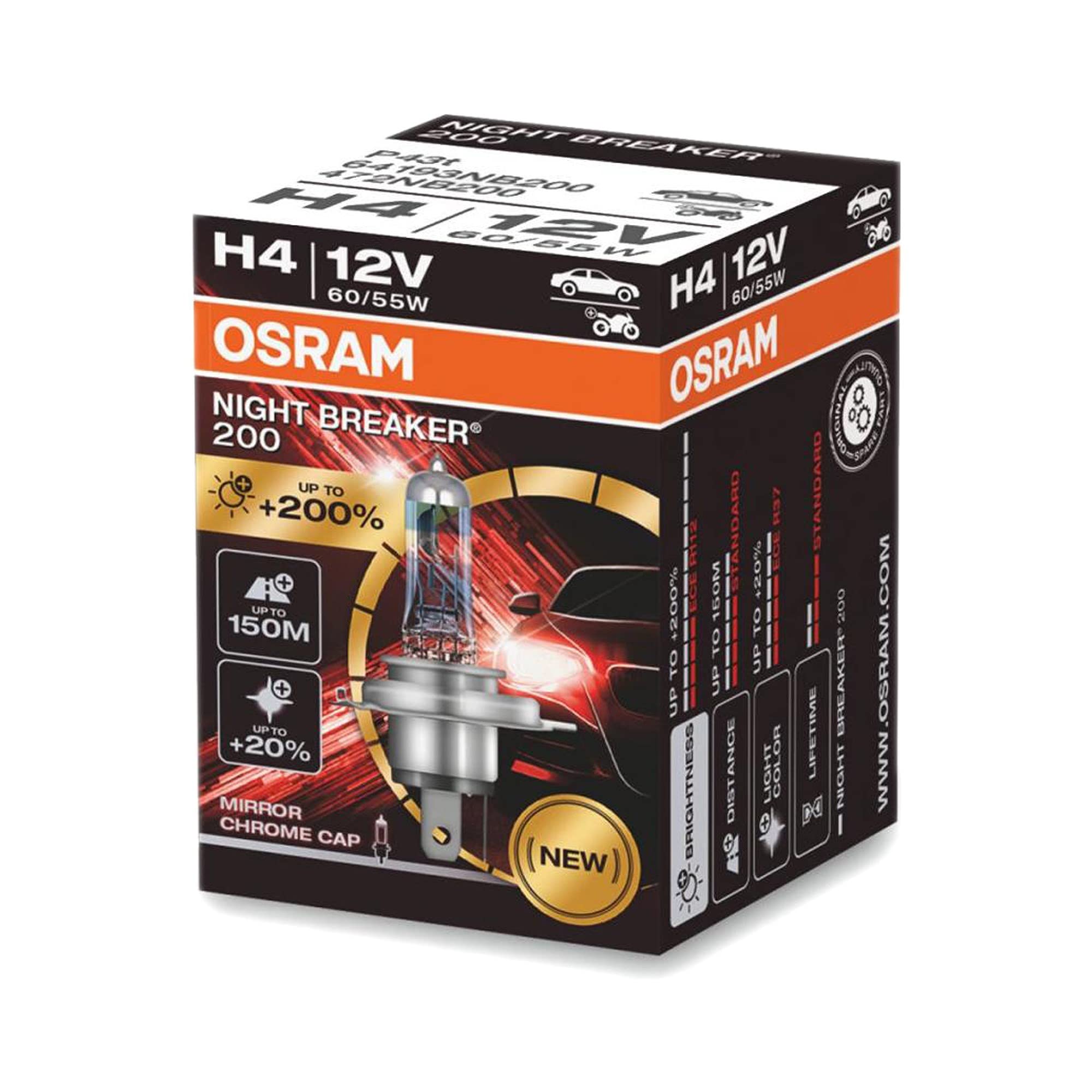 Osram Night Breaker Laser 200 Halogen Bulb H4 12V 60/55W - Single Piece, Plastic, Carton Folding Box