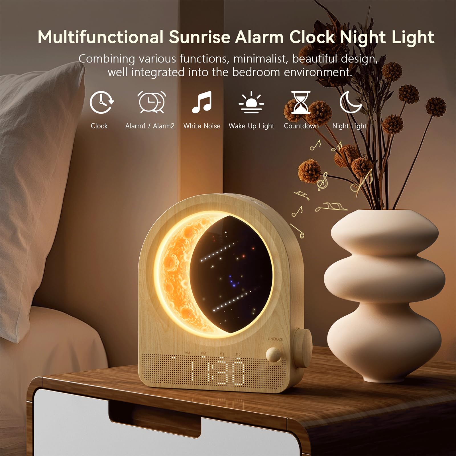 blonbar Sunrise Alarm Clock with Dimmable Moon Lamp, Dual Alarm, 12 Levels Volume, Natural Sounds, Woodgrain, Model AJ350A