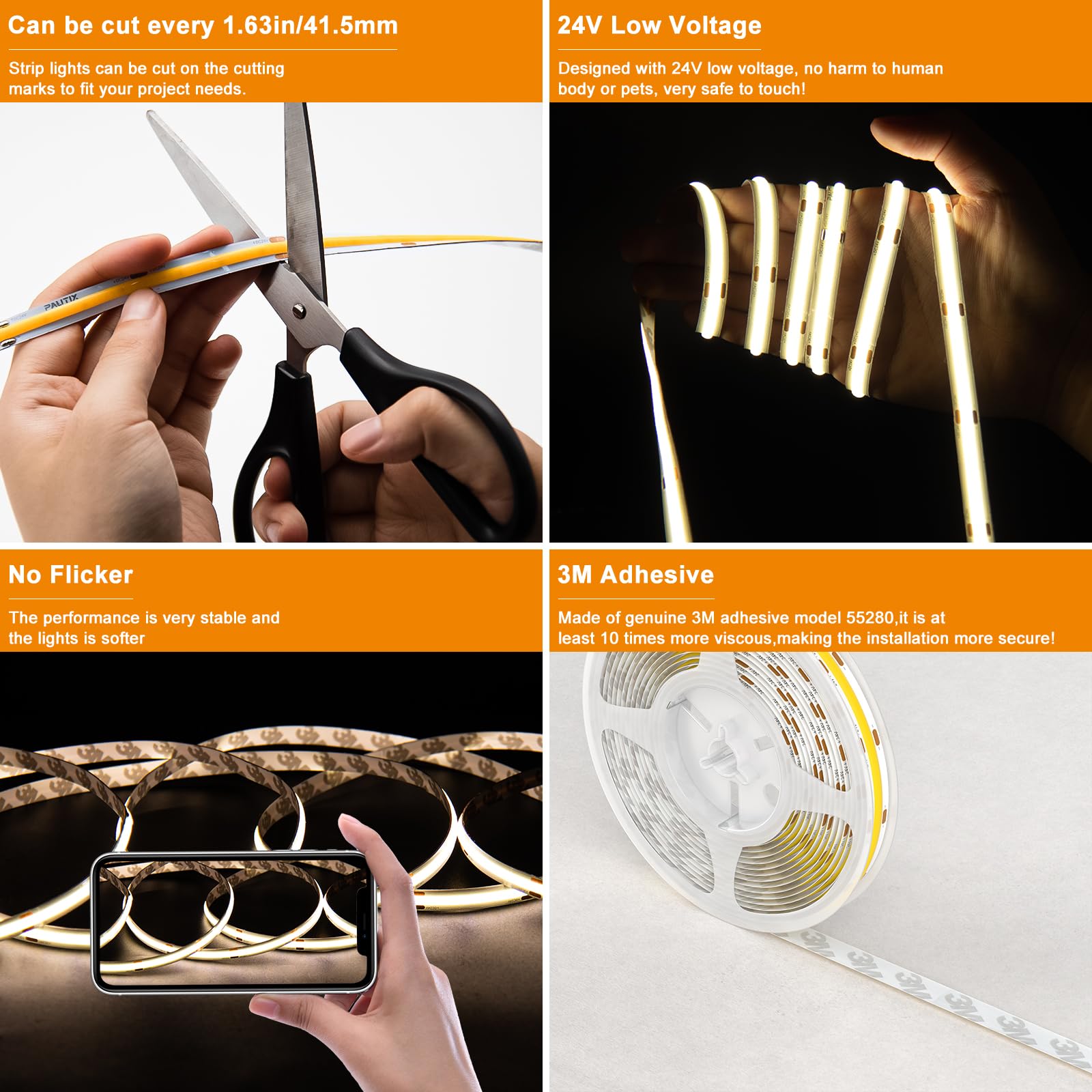 Pautix Cob Led Strip Light 3087Leds 20Ft/6.1M Natural White 4000K,Cri90+ Super Bright High Lumen,Lead-Free Material 24V Flexible