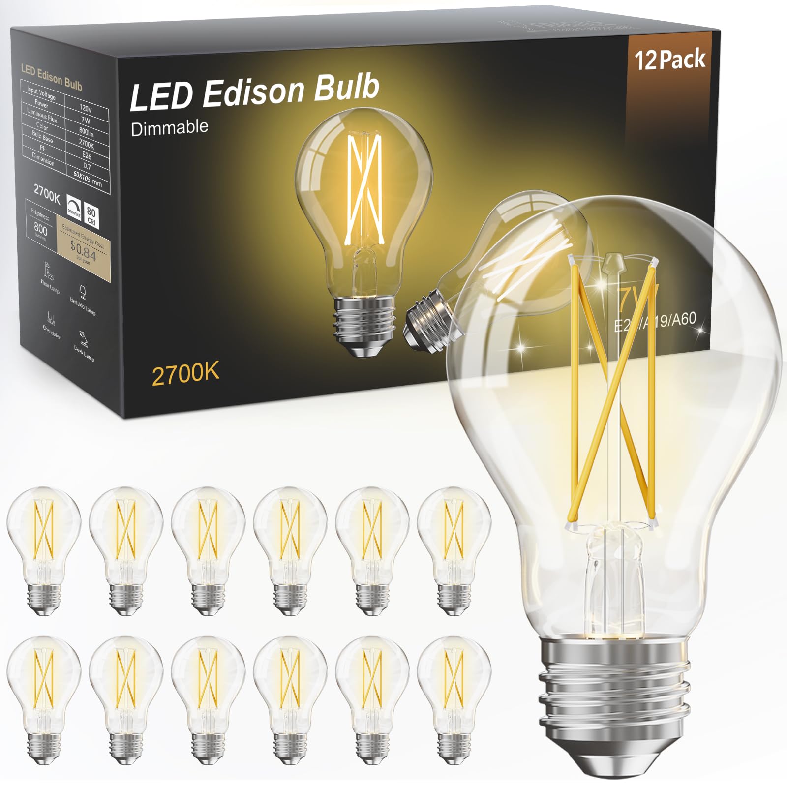 Tjoy 12 Pack A19 Vintage Led Edison Bulbs, Dimmable, 60W Equivalent, High Brightness 2700K Warm White, 7W E26 Standard Base, 800
