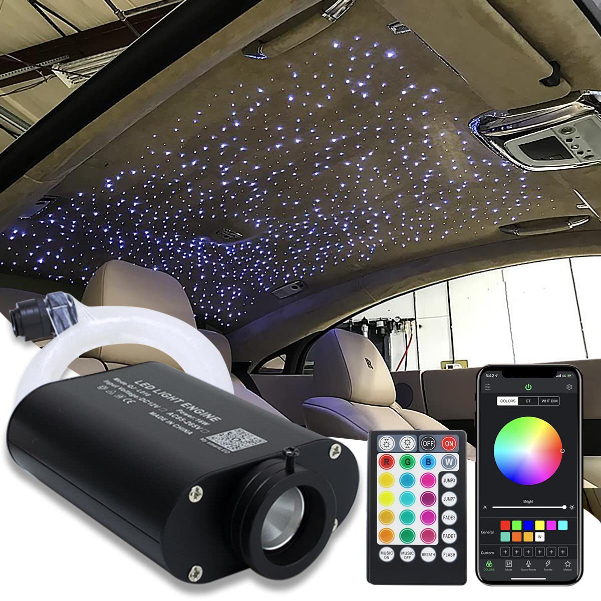 Amki 16W Fiber Optic Lights,Starlight Headliner Light Kit App/Remote Control Sound Activated Mode For Car&Home Decoration,Optical Fiber Cable Strands 0.75Mm/0.03In 6.5Ft/2M 450Pcs