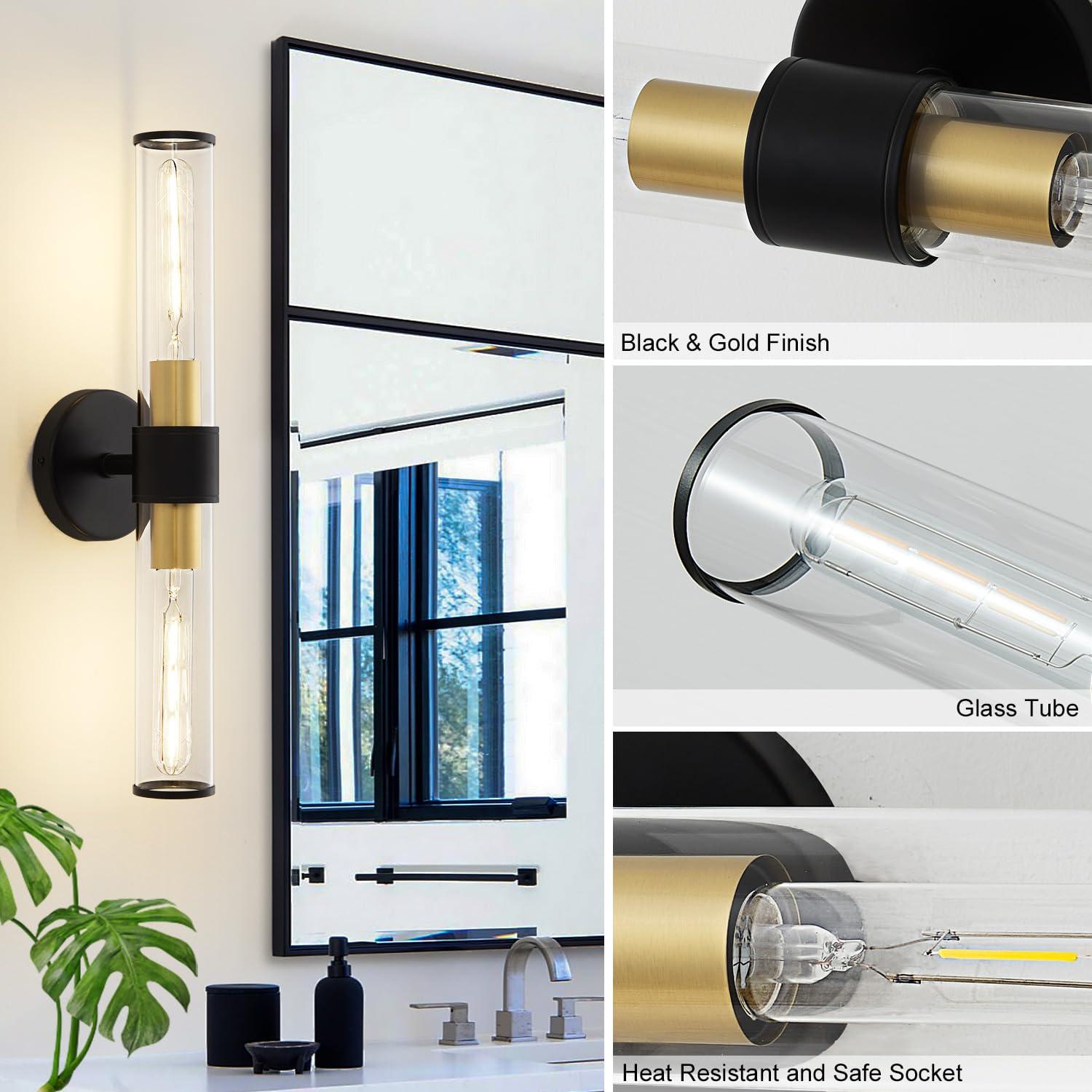 Vaziden Black And Gold Wall Sconce  Bathroom Light Fixtures In Clear Glass Indoor Wall Sconces  Modern Sconce Wall Lighting Up And Down Vanity Lights Fixtures For Bathroom - Bulb Not Included