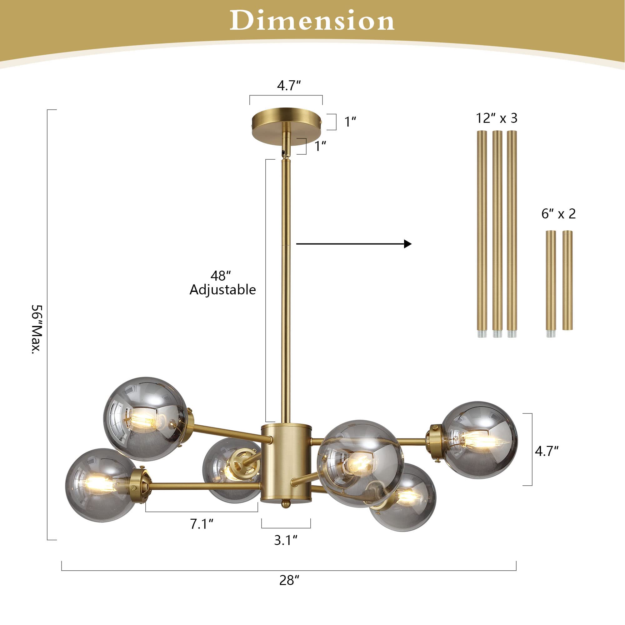 Wingbo 6-Light Sputnik Chandelier, Modern Pendant Light Fixture With 4.7" Smoked Gray Glass Globe Shade For Flat And Slop Ceiling, Height Adjustable For Kitchen Living Room Dining Room Bedroom, Gold